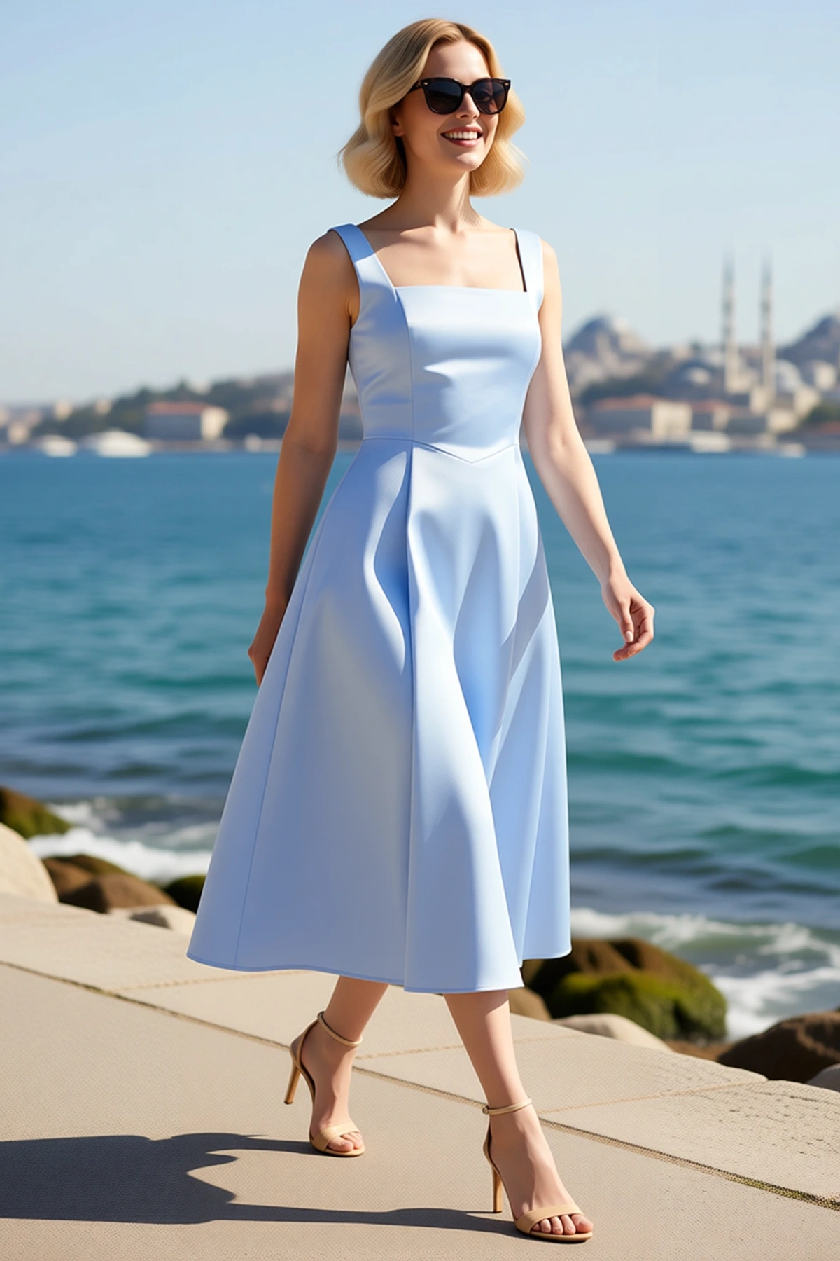 Kadın Kare Yaka Kalın Askılı A Kesim Midi Saten Dokuma Kokteyl Abiye Elbisesi Günlük Rahat Modern
