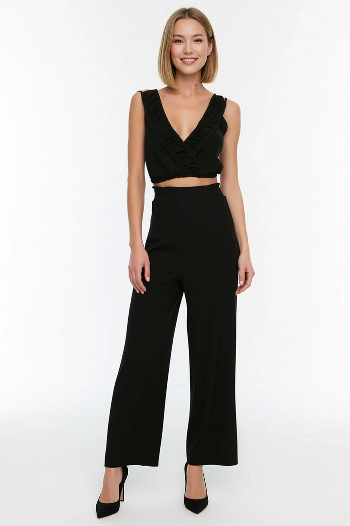 Kadın Kolsuz V Yaka Fırfırlı Crop Top Bol Paça Pantolon Plaj Takımı Viskoz Elastan Günlük Rahat