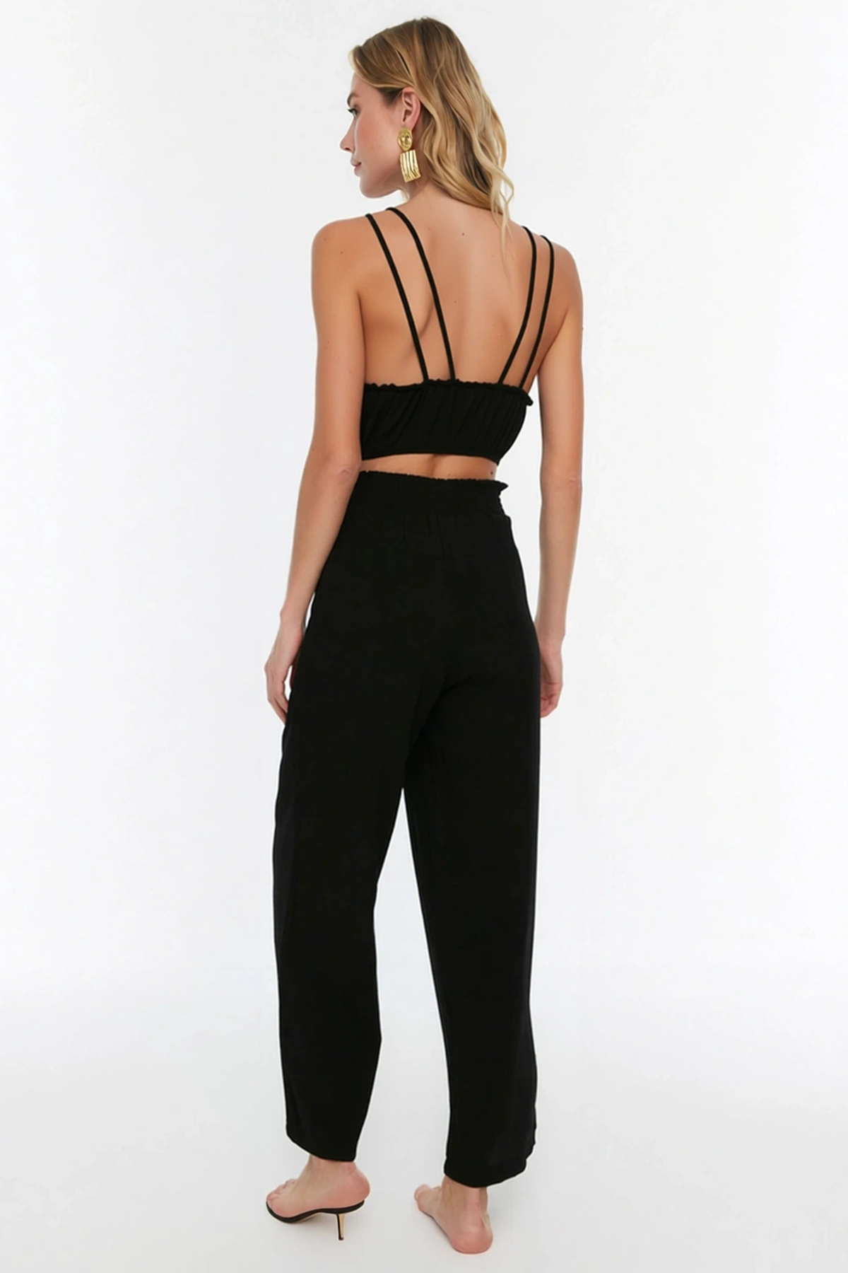 Kadın Kolsuz V Yaka Fırfırlı Crop Top Bol Paça Pantolon Plaj Takımı Viskoz Elastan Günlük Rahat