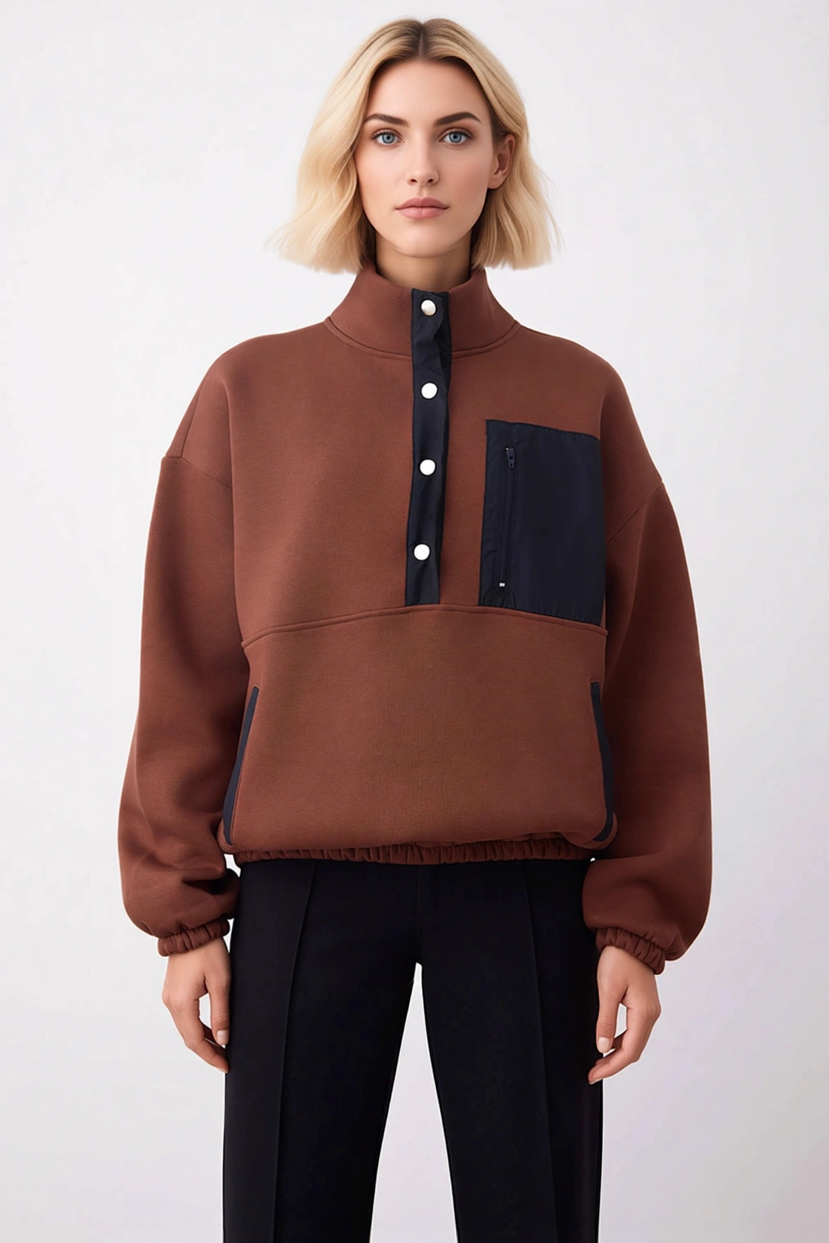Kadın Dik Yaka Düşük Kol Uzun Kollu Sweatshirt Fonksiyonel Dayanıklı Kaliteli Konforlu Şık