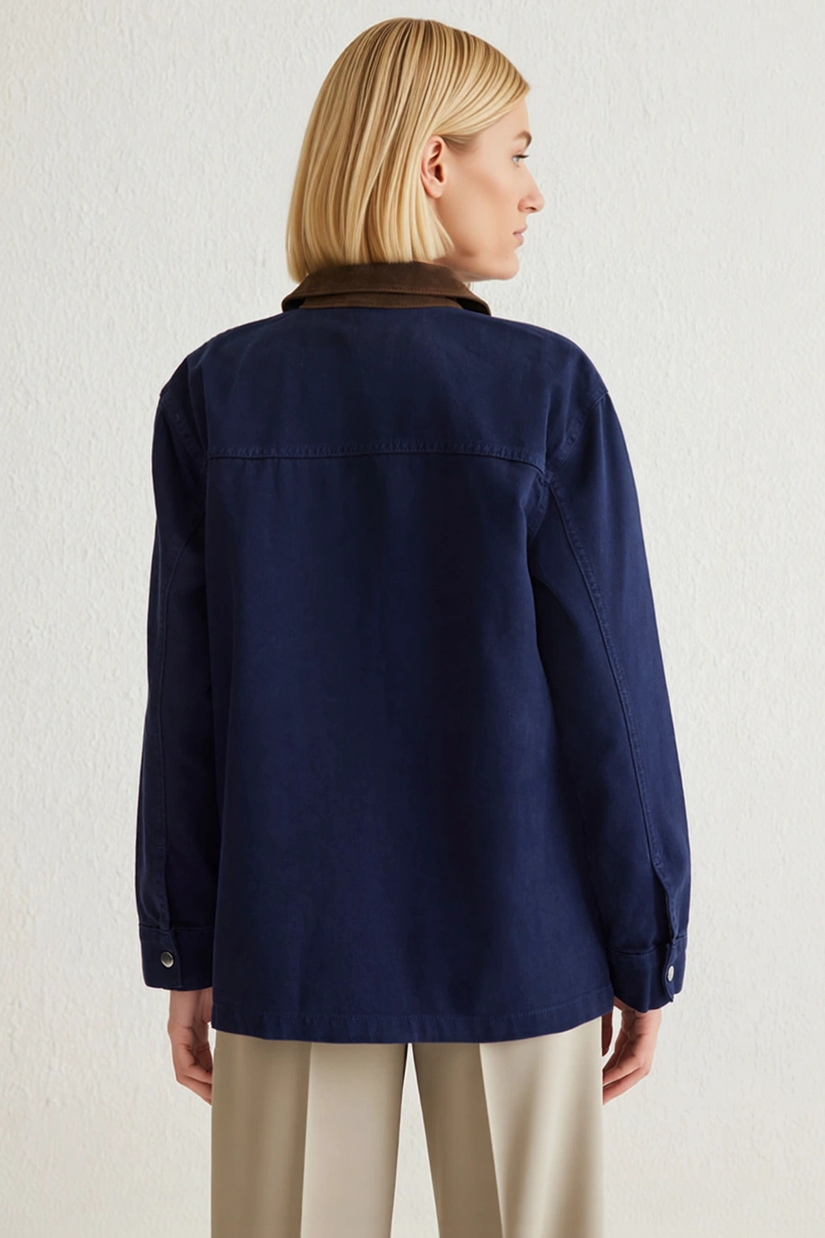 Kadın Oversize Düz Gömlek Yaka Düşük Kol %100 Pamuk Denim Ceket Fonksiyonel Dayanıklı Spor