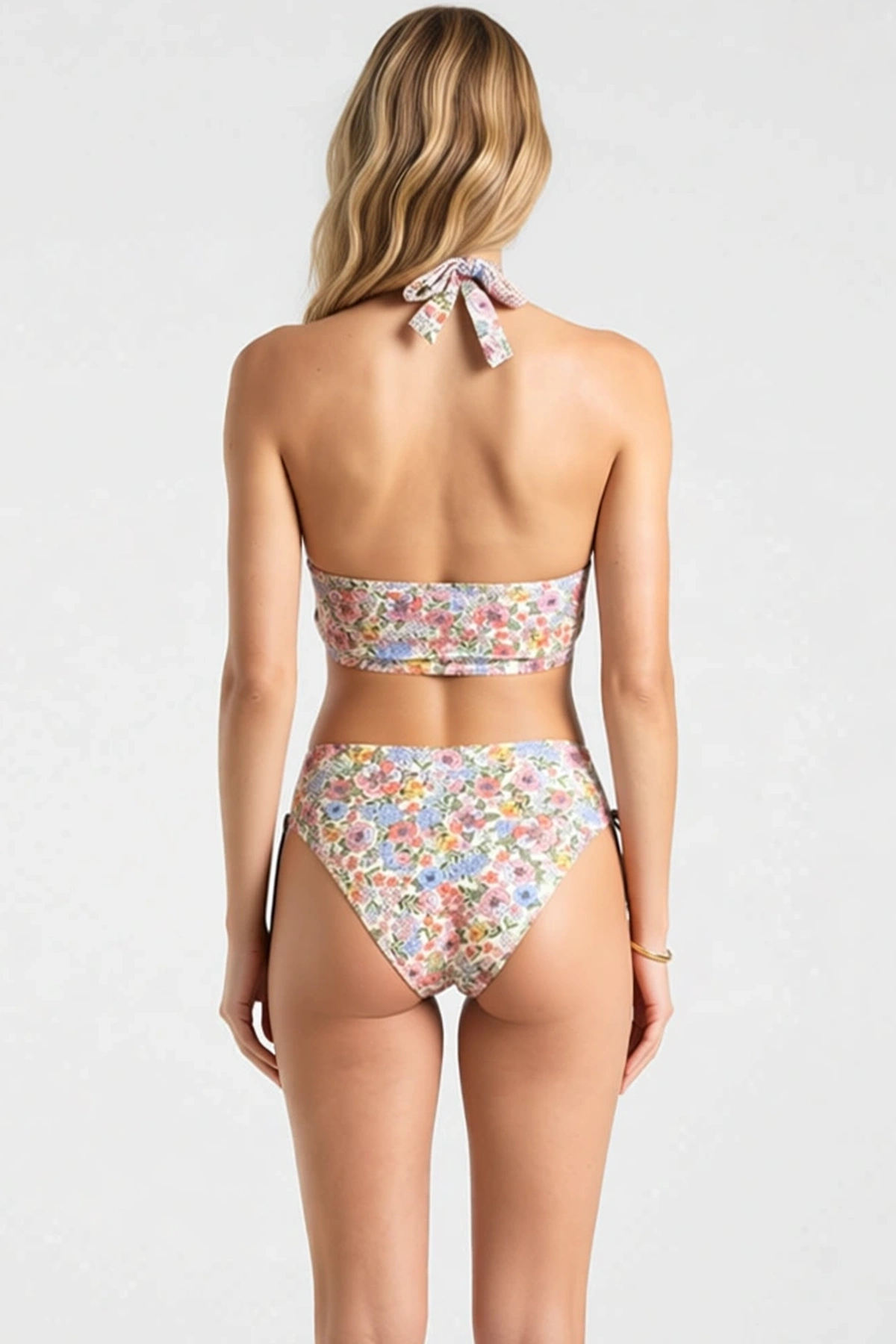 Kadın Bikini Takımı Bağlamalı Üçgen Yaka Çiçek Desenli Drapeli Ayarlanabilir Yüksek Bel Slip Alt