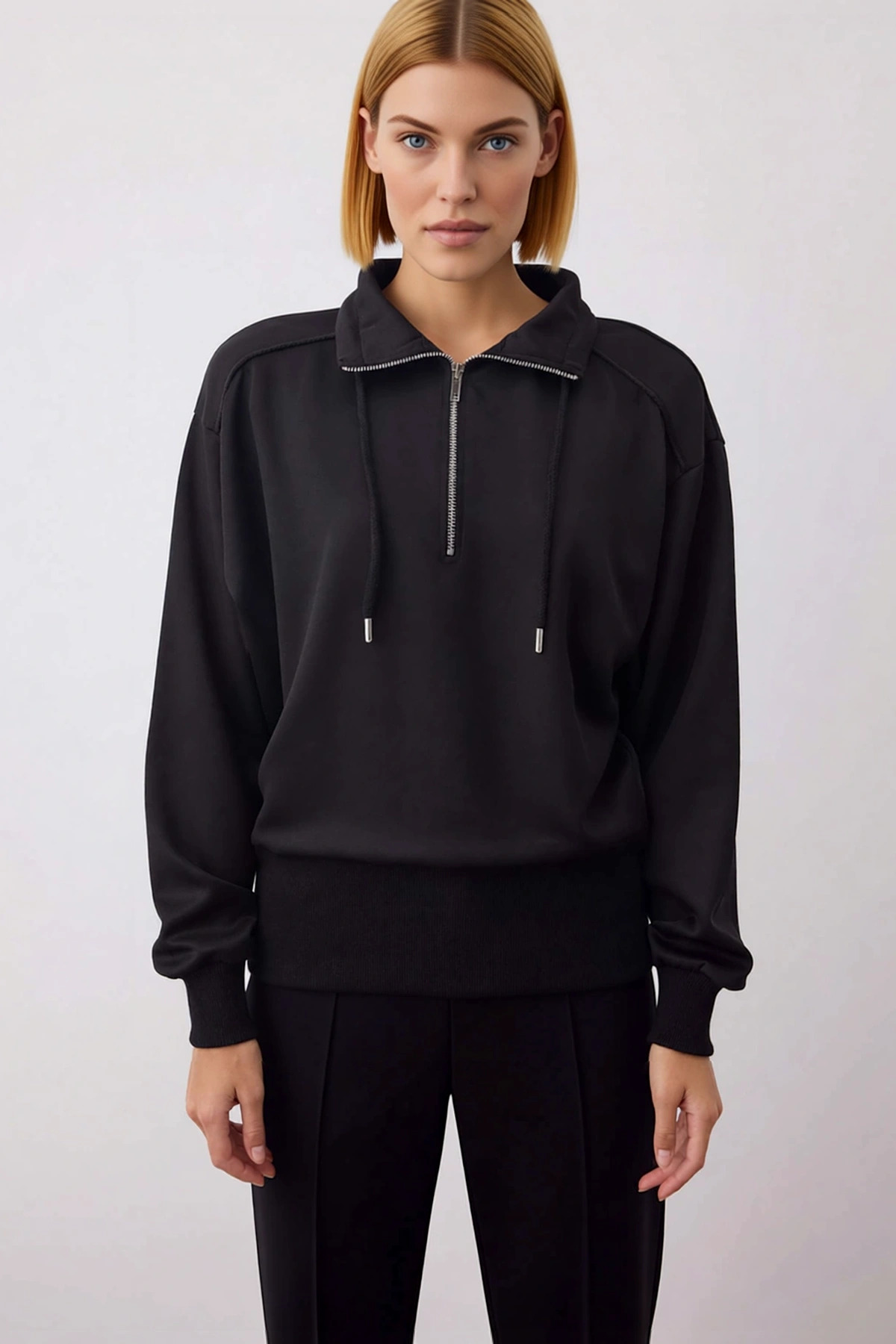 Kadın Dik Yaka Düşük Kol Fermuarlı Örme Sweatshirt Fonksiyonel Dayanıklı Kaliteli Konforlu