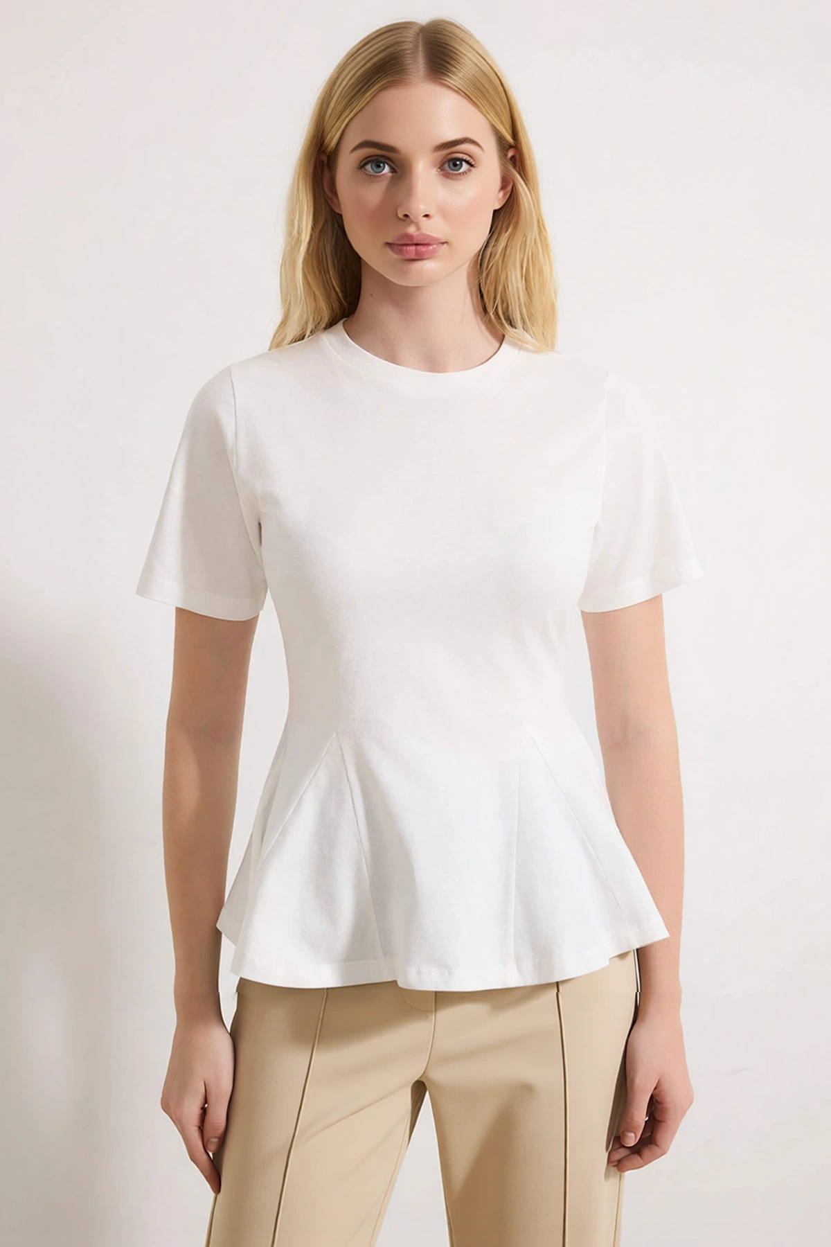 Kadın Bluz Peplum Bisiklet Yaka Standart Kısa Kol Örme Kumaş Süprem Dokuma Düz Desen Regular