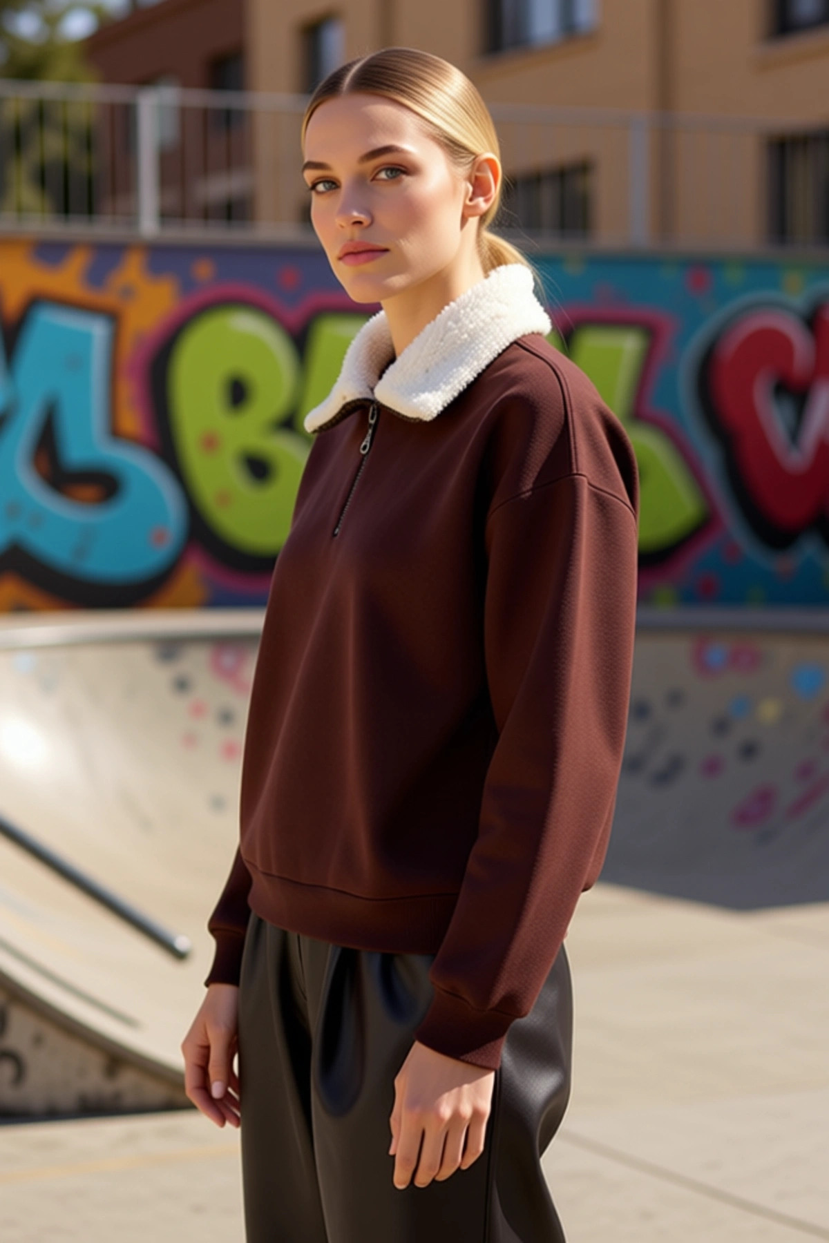 Kadın Dik Yaka Düşük Kol Oversize Kalın Örme Sweatshirt Fonksiyonel Dayanıklı Kaliteli Şık
