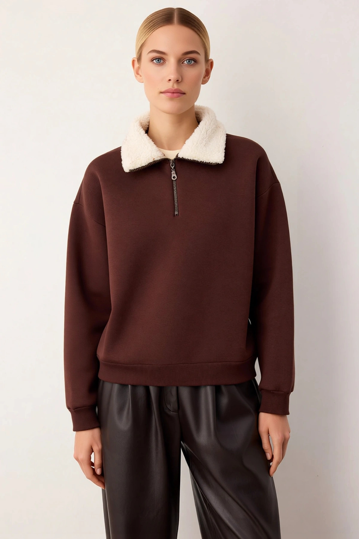 Kadın Dik Yaka Düşük Kol Oversize Kalın Örme Sweatshirt Fonksiyonel Dayanıklı Kaliteli Şık