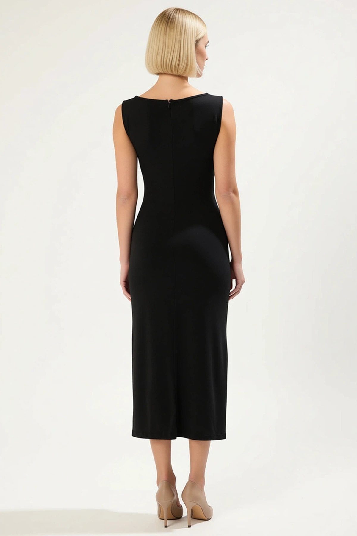 Kadın Kayık Yaka Kolsuz Bodycon Kalıp Düz Maxi Elbise Aksesuar Detaylı Örme Kumaş Kaliteli
