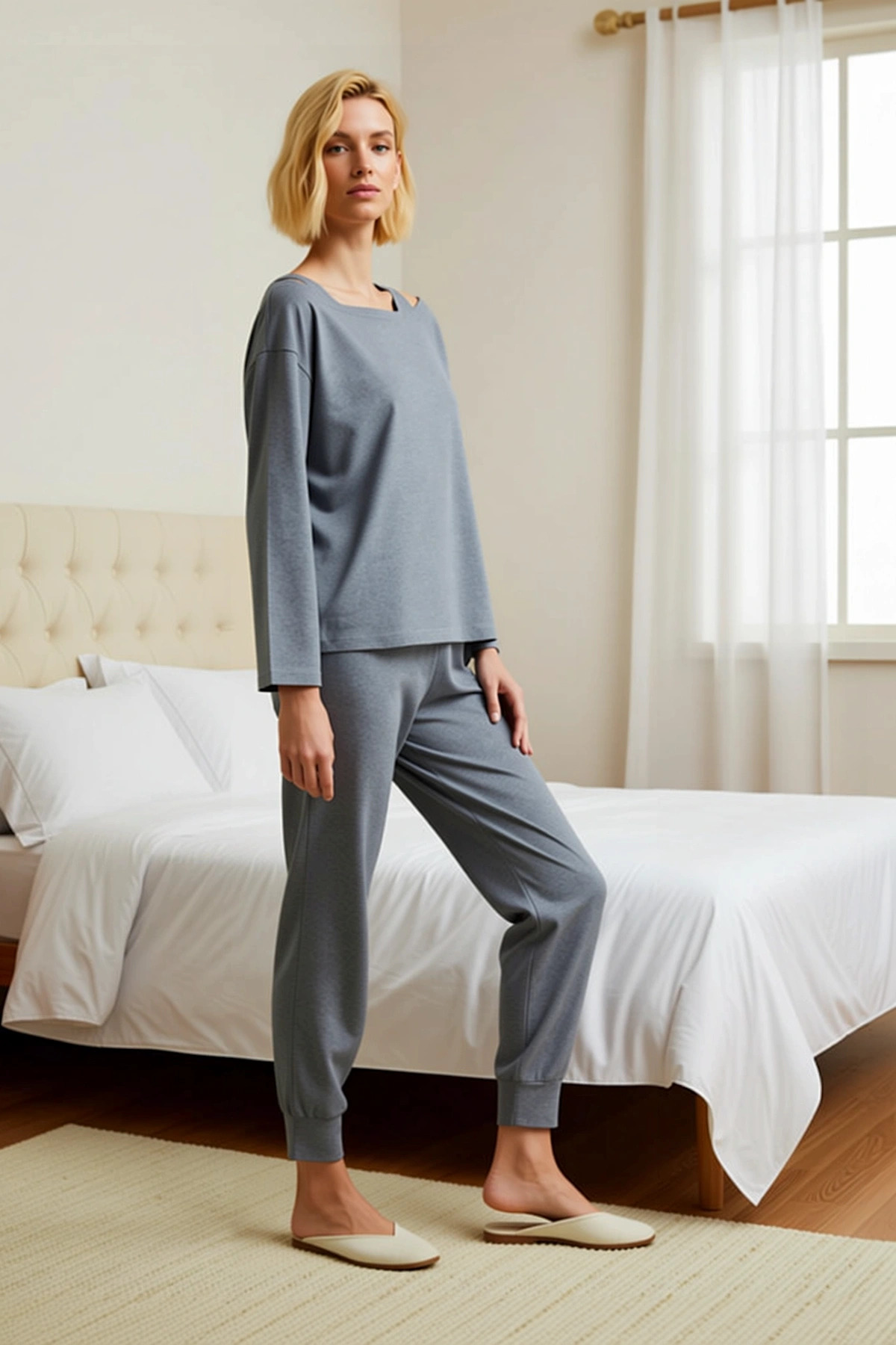 Kadın Bisiklet Yaka Standart Kol Regular Kalıp Örme Pijama Takımı Fonksiyonel Dayanıklı Şık