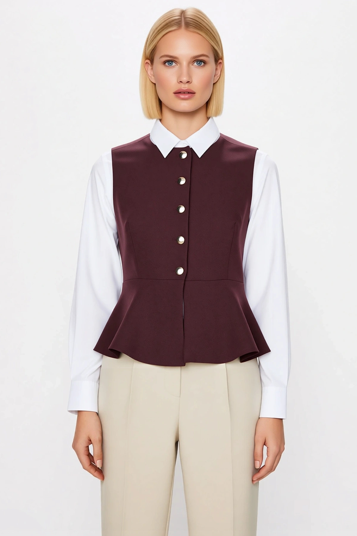 Kadın Bisiklet Yaka Kolsuz Dokuma Kumaş Fitted Peplum Detaylı Düğmeli Yelek Regular Boy Astarlı