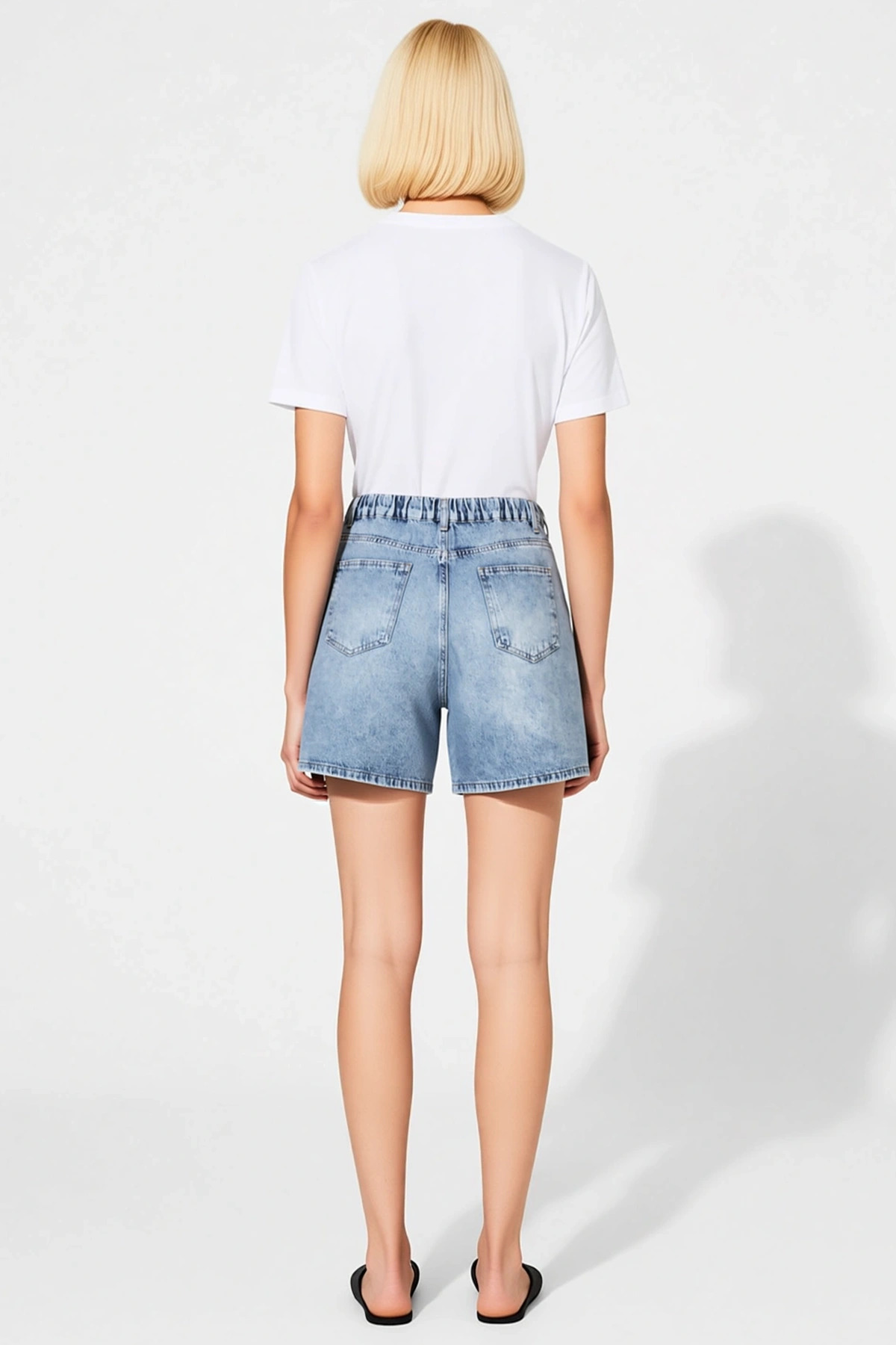 Kadın Büyük Beden Şort Denim Yüksek Bel Düz Kesim Lastikli Boru Paça Non Stretch Şık