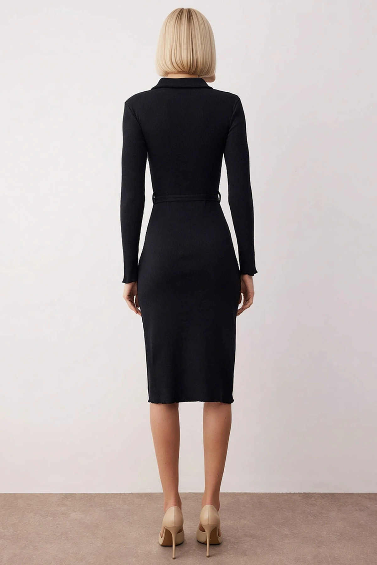 Kadın Gömlek Yaka Uzun Kol Bodycon Fitilli Düğmeli Midi Örme Elbise