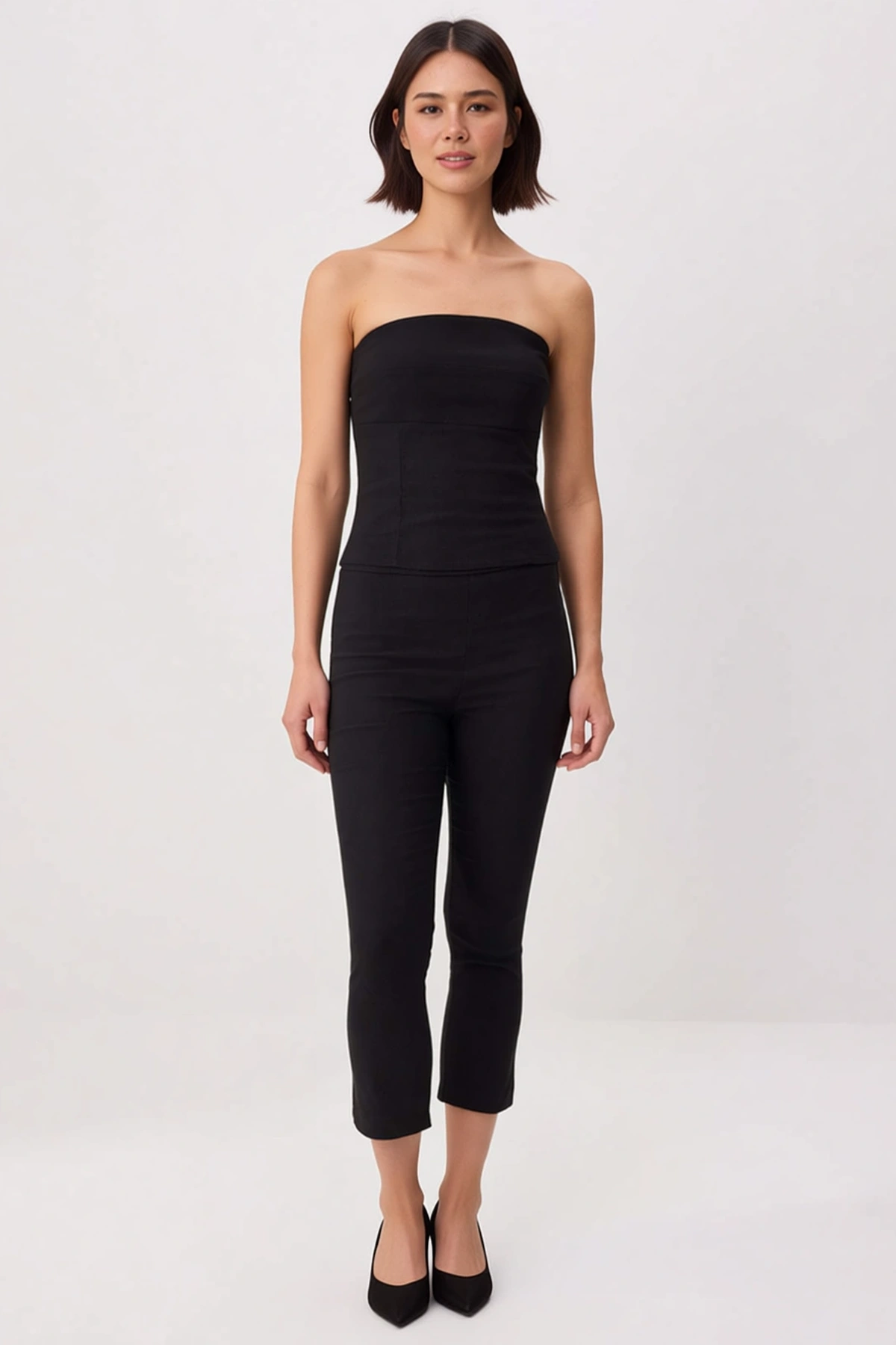 Kadın Büyük Beden Straplez Crop Bluz Kapri Pantolon Takımı %100 Pamuk Dokuma Fitted Kesim Günlük