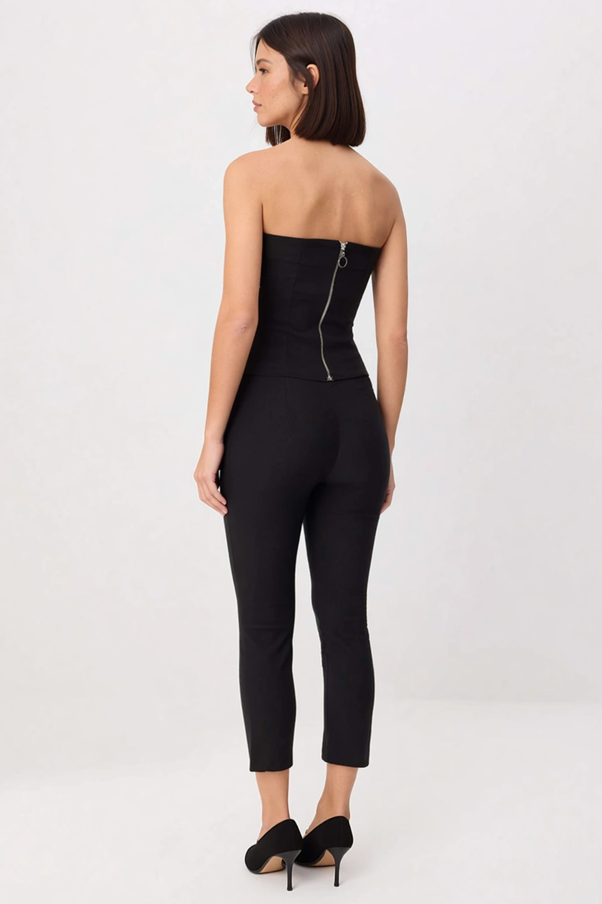 Kadın Büyük Beden Straplez Crop Bluz Kapri Pantolon Takımı %100 Pamuk Dokuma Fitted Kesim Günlük