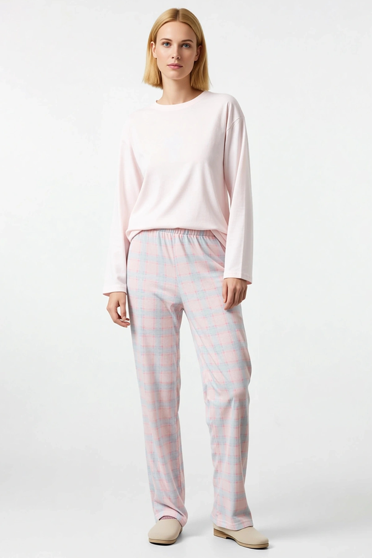 Kadın Bisiklet Yaka Standart Kol Regular Kalıp Ekose Desen Pijama Takımı Spor