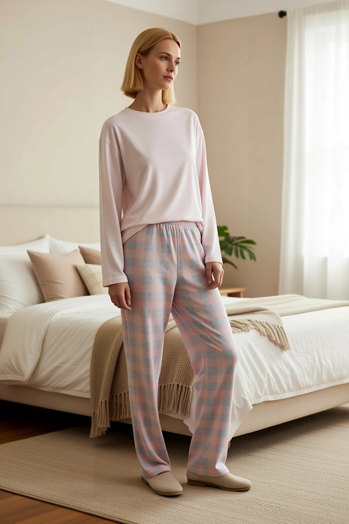 Kadın Bisiklet Yaka Standart Kol Regular Kalıp Ekose Desen Pijama Takımı Spor