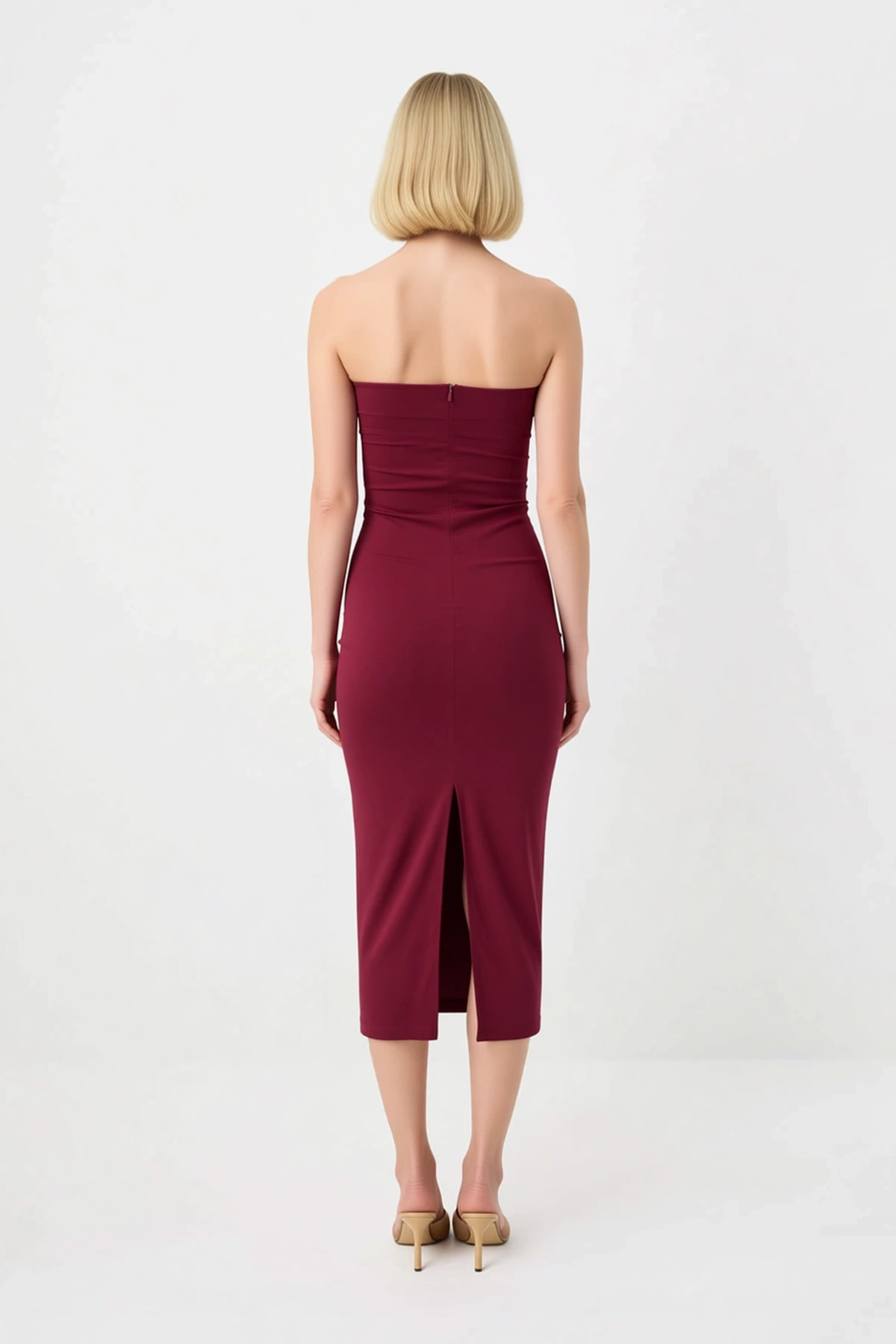 Kadın Straplez Bodycon Maxi Elbise Kolsuz Derin Yırtmaçlı Poplin Dokuma Astarlı Zarif Günlük Rahat