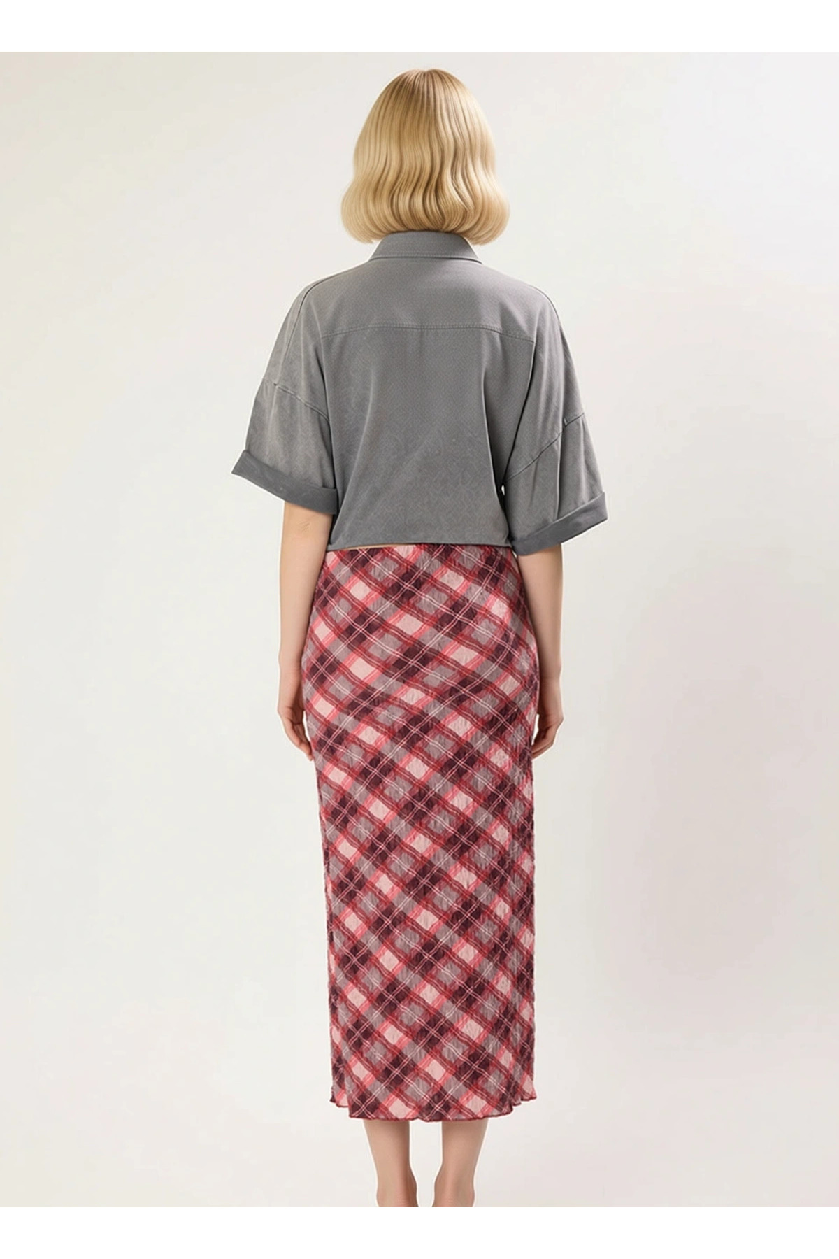 Kadın Kalem Yüksek Bel Ekose Desenli Maxi Örme Etek %99 Polyester %1 Elastan Fonksiyonel Şık