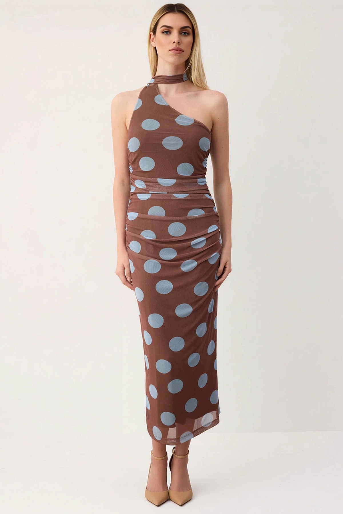 Kadın Asimetrik Yaka Kolsuz Bodycon Kalıp Midi Örme Elbise Modern