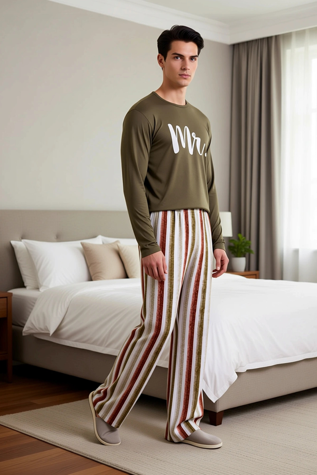 Erkek Regular Çizgili V Yaka Uzun Kol Örme Pijama Takımı Fonksiyonel Şık