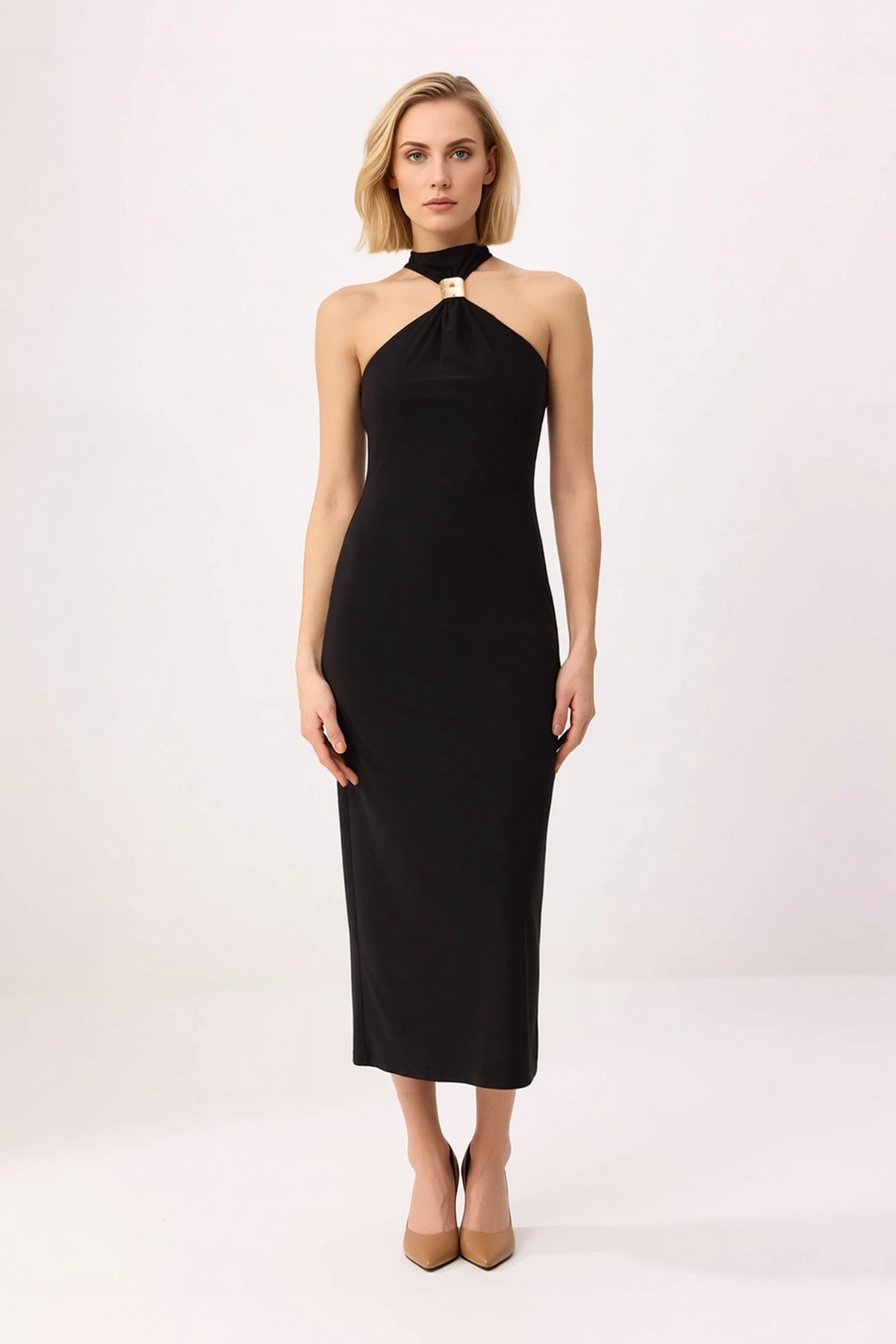Kadın Bodycon Halter Yaka Kolsuz Midi Esnek Örme Elbise Aksesuar Detaylı Astarlı Günlük Rahat Modern