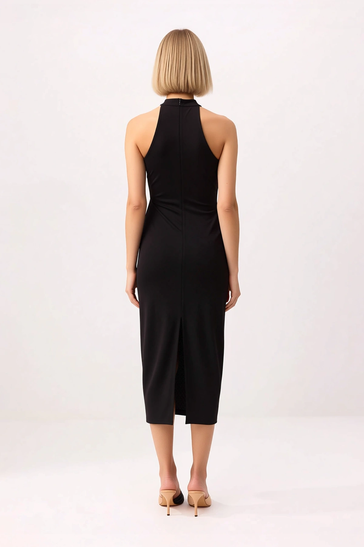 Kadın Bodycon Halter Yaka Kolsuz Midi Esnek Örme Elbise Aksesuar Detaylı Astarlı Günlük Rahat Modern