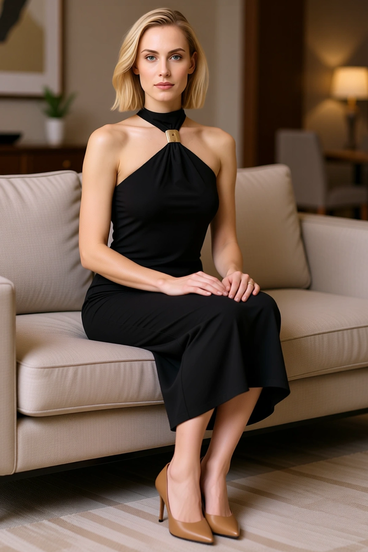Kadın Bodycon Halter Yaka Kolsuz Midi Esnek Örme Elbise Aksesuar Detaylı Astarlı Günlük Rahat Modern