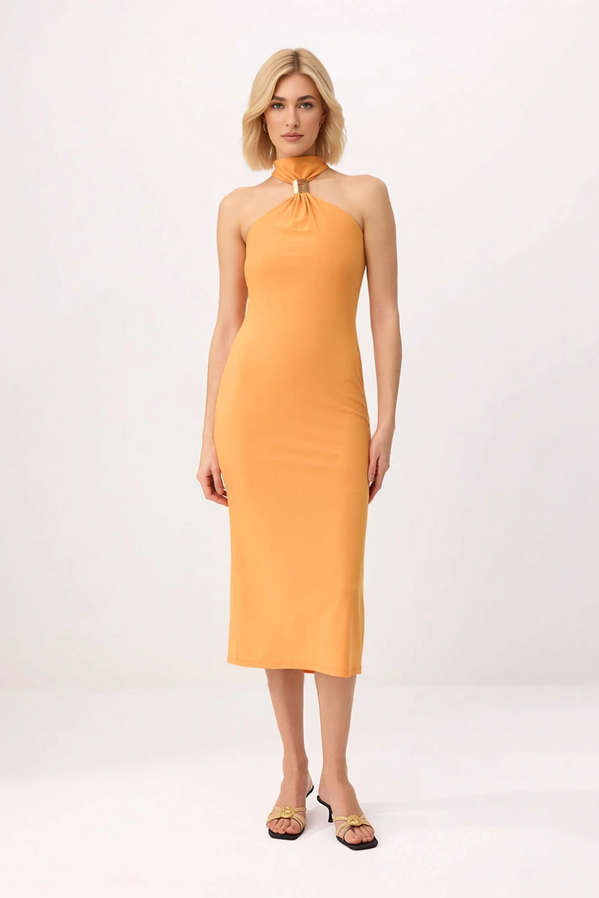 Kadın Bodycon Halter Yaka Kolsuz Midi Esnek Örme Elbise Aksesuar Detaylı Astarlı Günlük Rahat Modern