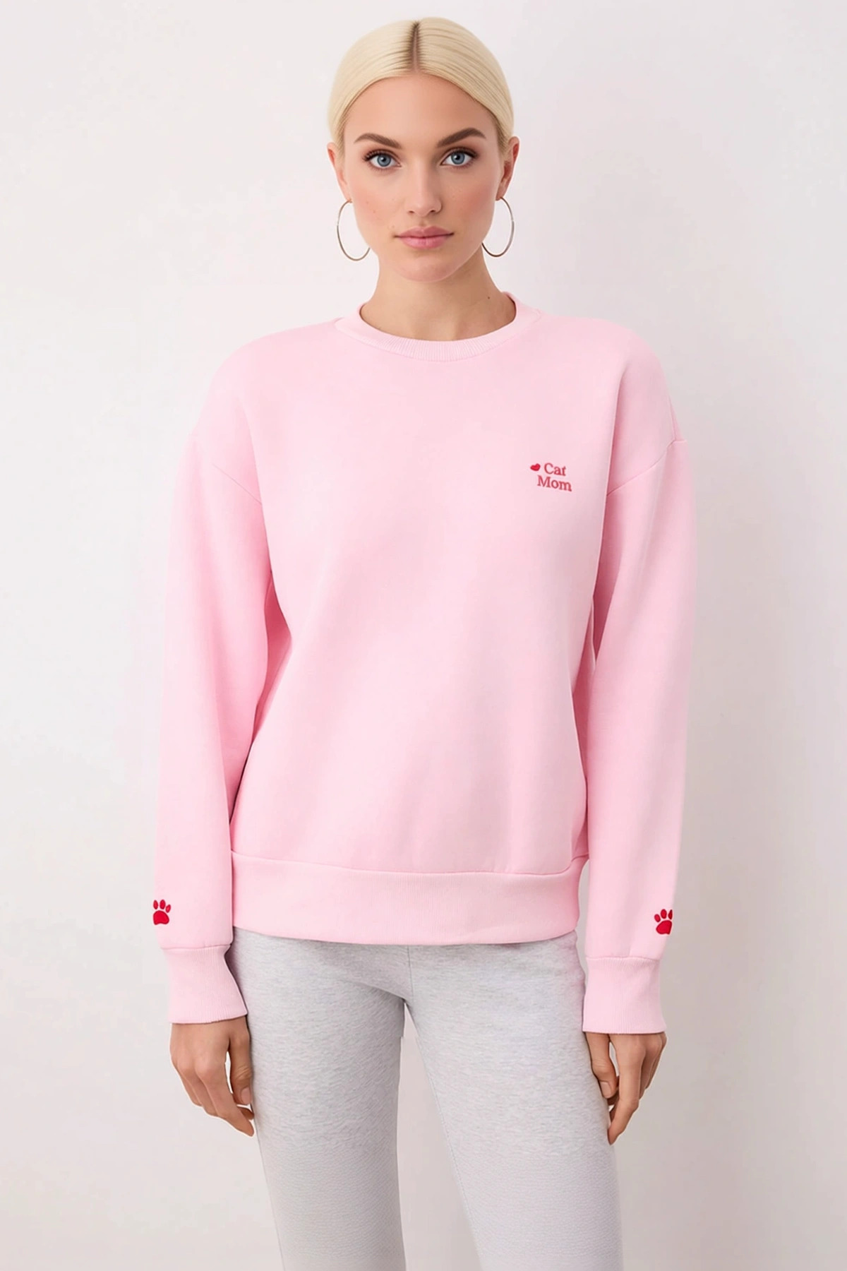 Kadın Bisiklet Yaka Düşük Kol Nakışlı Örme Sweatshirt Fonksiyonel Dayanıklı Kaliteli Rahat