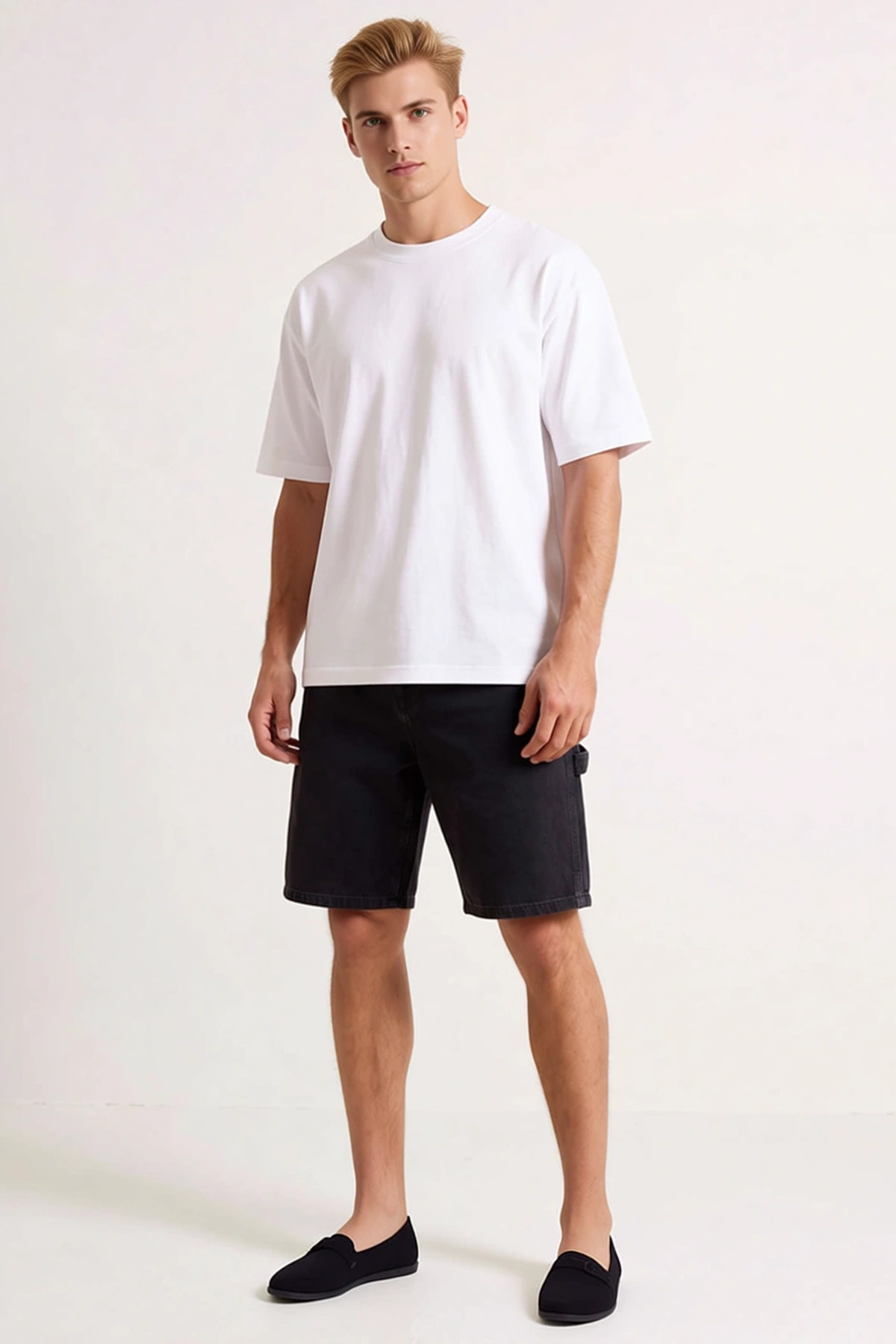 Erkek Şort Denim Regular Fit Straight Kalıp Normal Bel Geniş Paça Kısa Düz Desen Rigid Dokuma