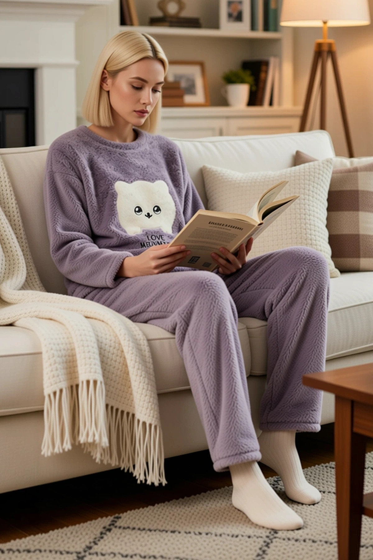 Kadın Bisiklet Yaka Düşük Kol Uzun Kollu Regular Kalıp Wellsoft Örme Pijama Takımı Estetik