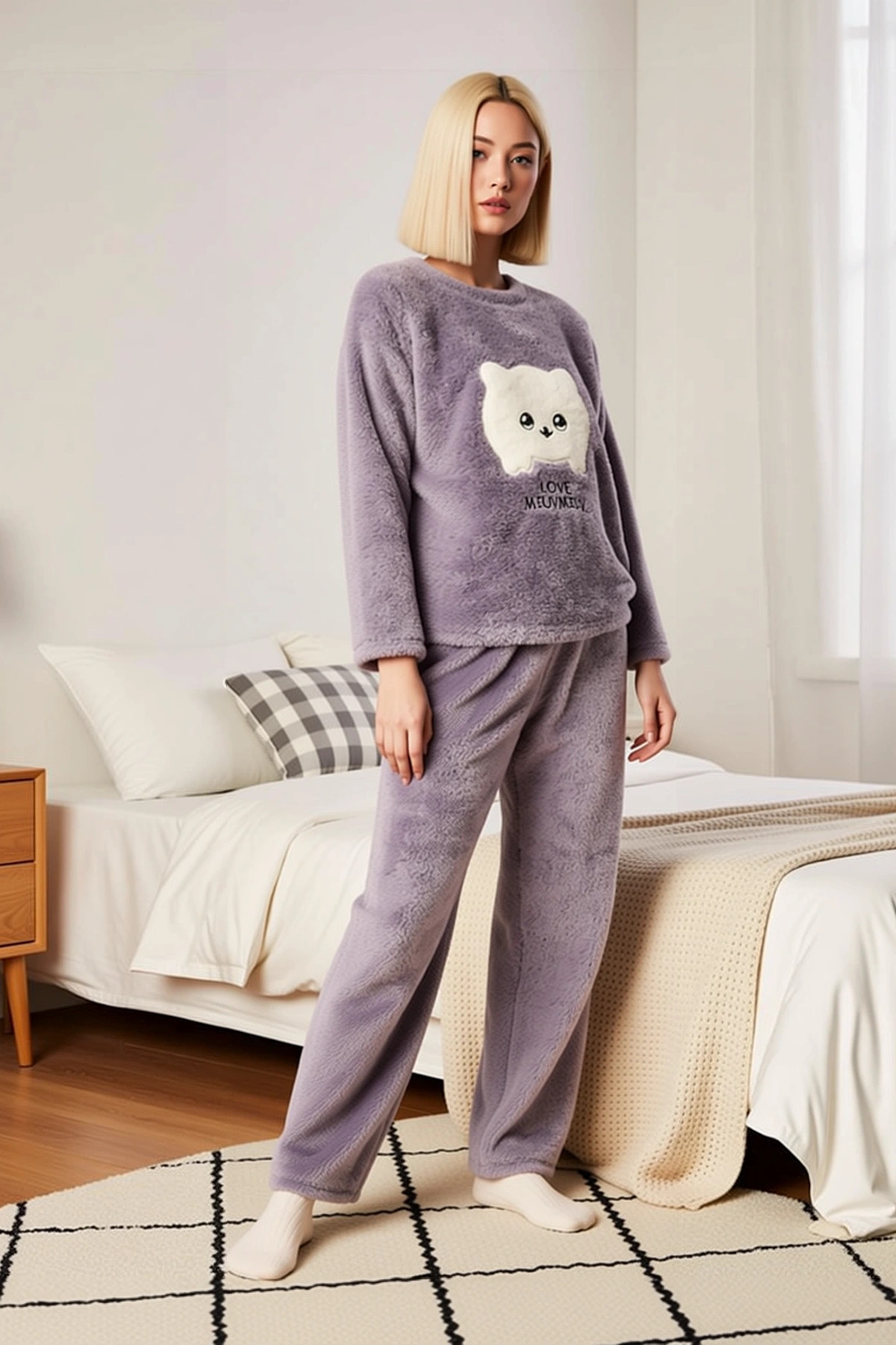 Kadın Bisiklet Yaka Düşük Kol Uzun Kollu Regular Kalıp Wellsoft Örme Pijama Takımı Estetik