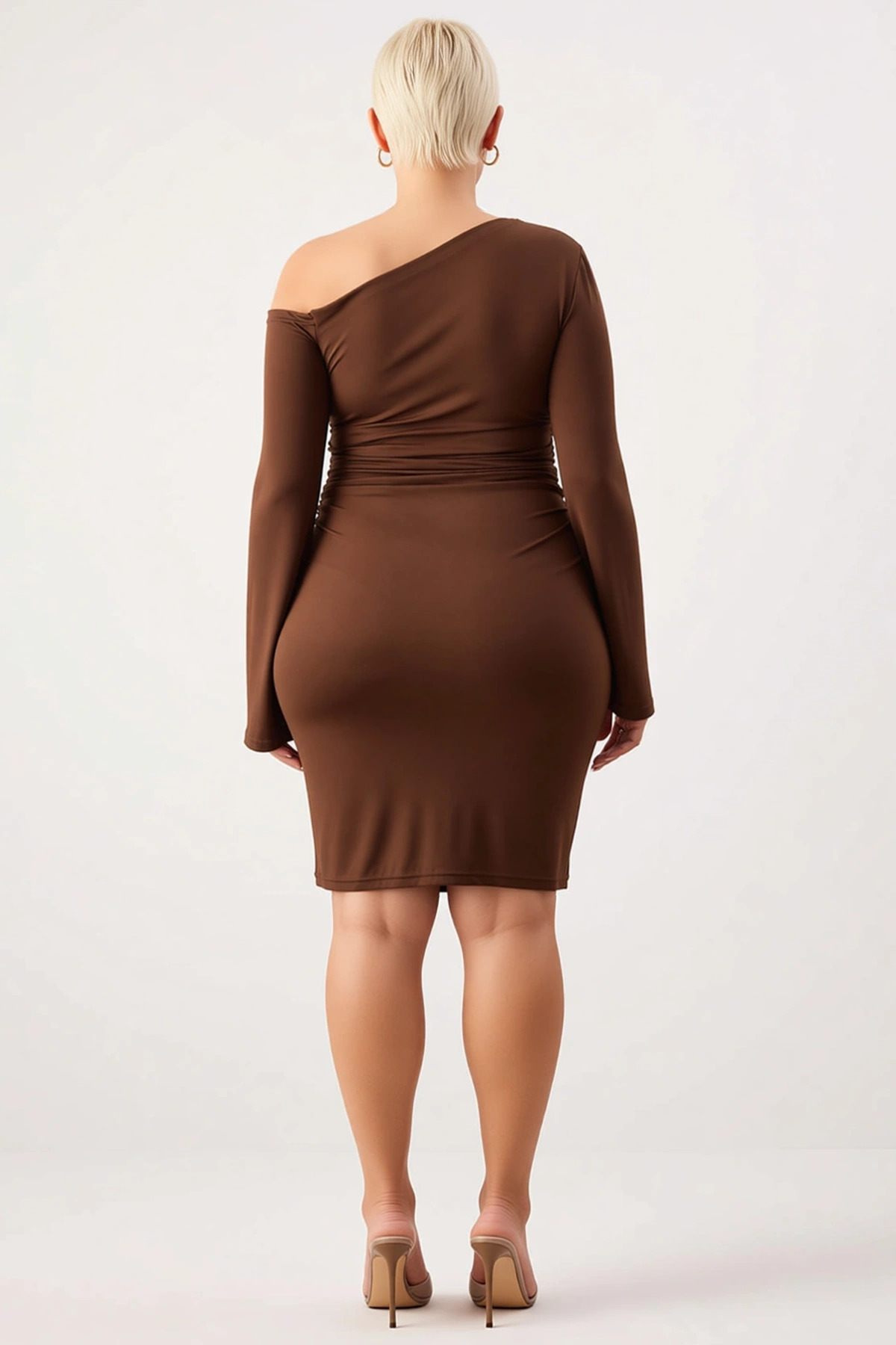 Kadın Büyük Beden Asimetrik Yaka Standart Kol Sandy Örme Elbise Midi Boy Fonksiyonel Rahat