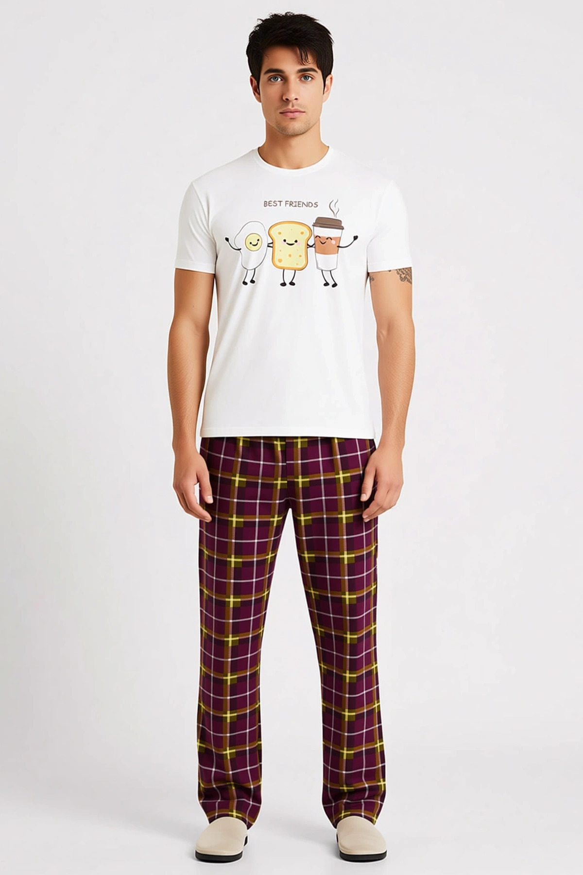 Erkek Bisiklet Yaka Kısa Kol Regular Kalıp Ekose Baskılı Pijama Takımı