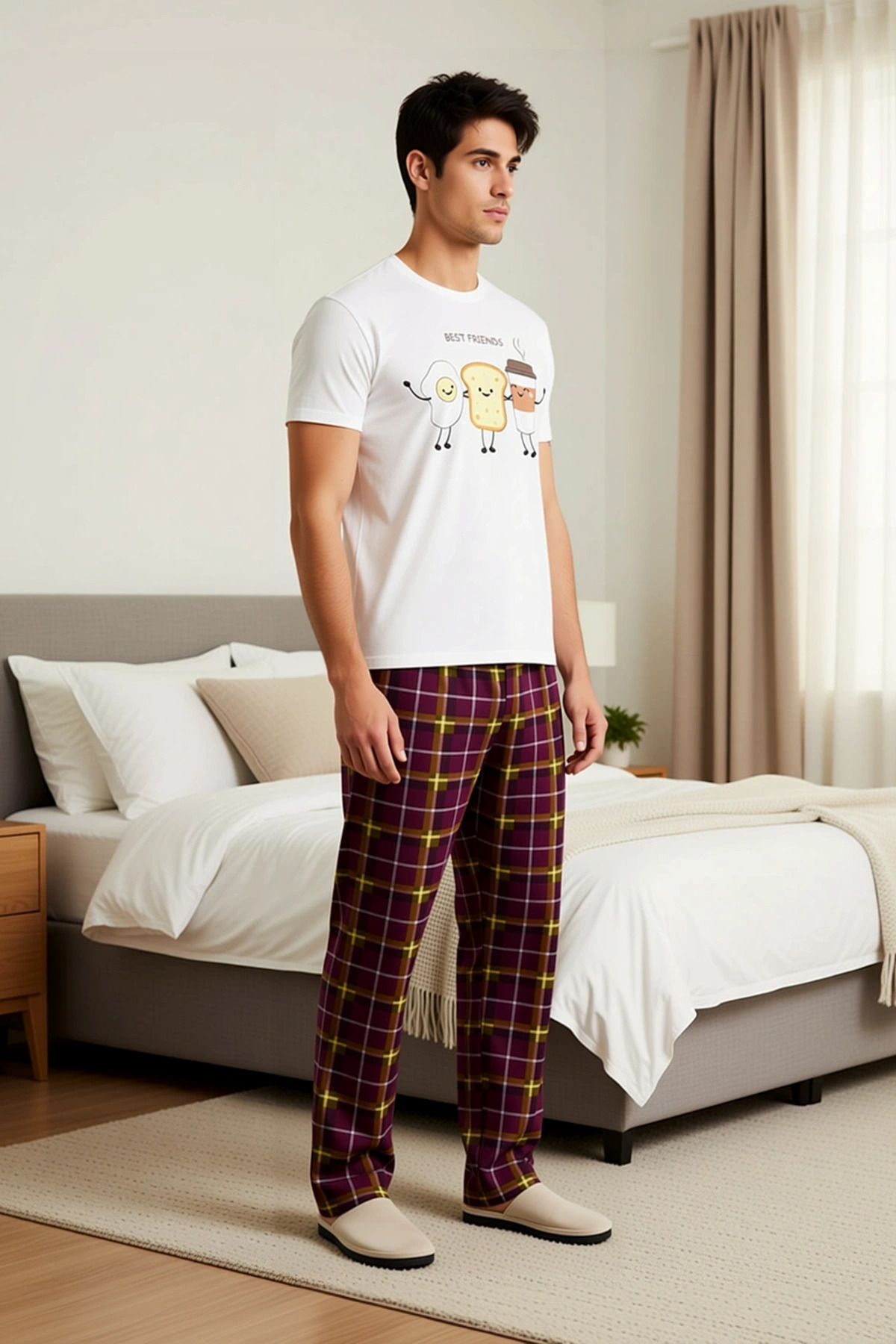 Erkek Bisiklet Yaka Kısa Kol Regular Kalıp Ekose Baskılı Pijama Takımı