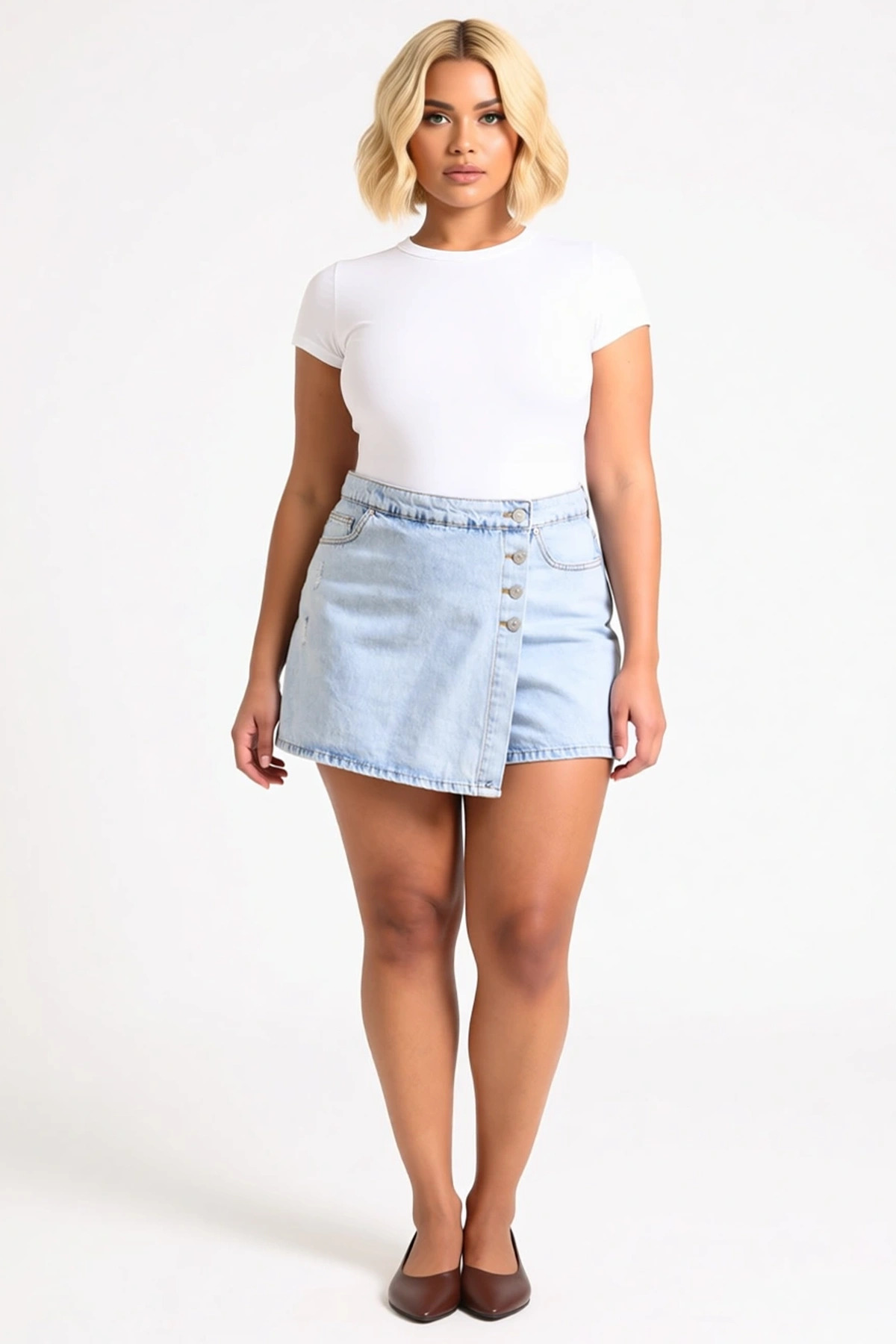 Kadın Büyük Beden Şort Etek Yüksek Bel Kruvaze Düğme Detaylı Lastikli Non Stretch Denim