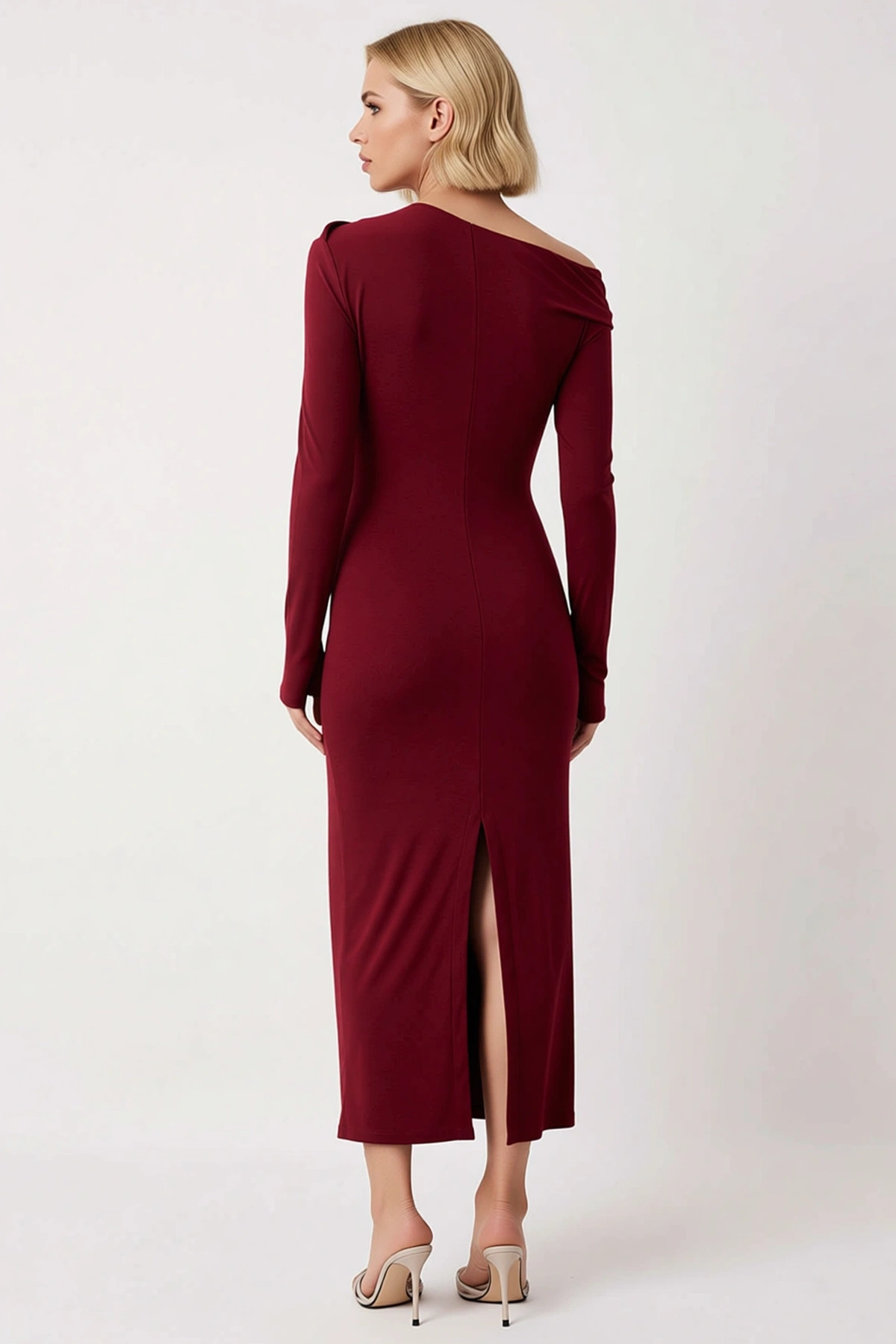 Kadın Asimetrik Yaka Uzun Kol Düz Desenli Bodycon Kalıp Örme Elbise Fonksiyonel Dayanıklı Şık