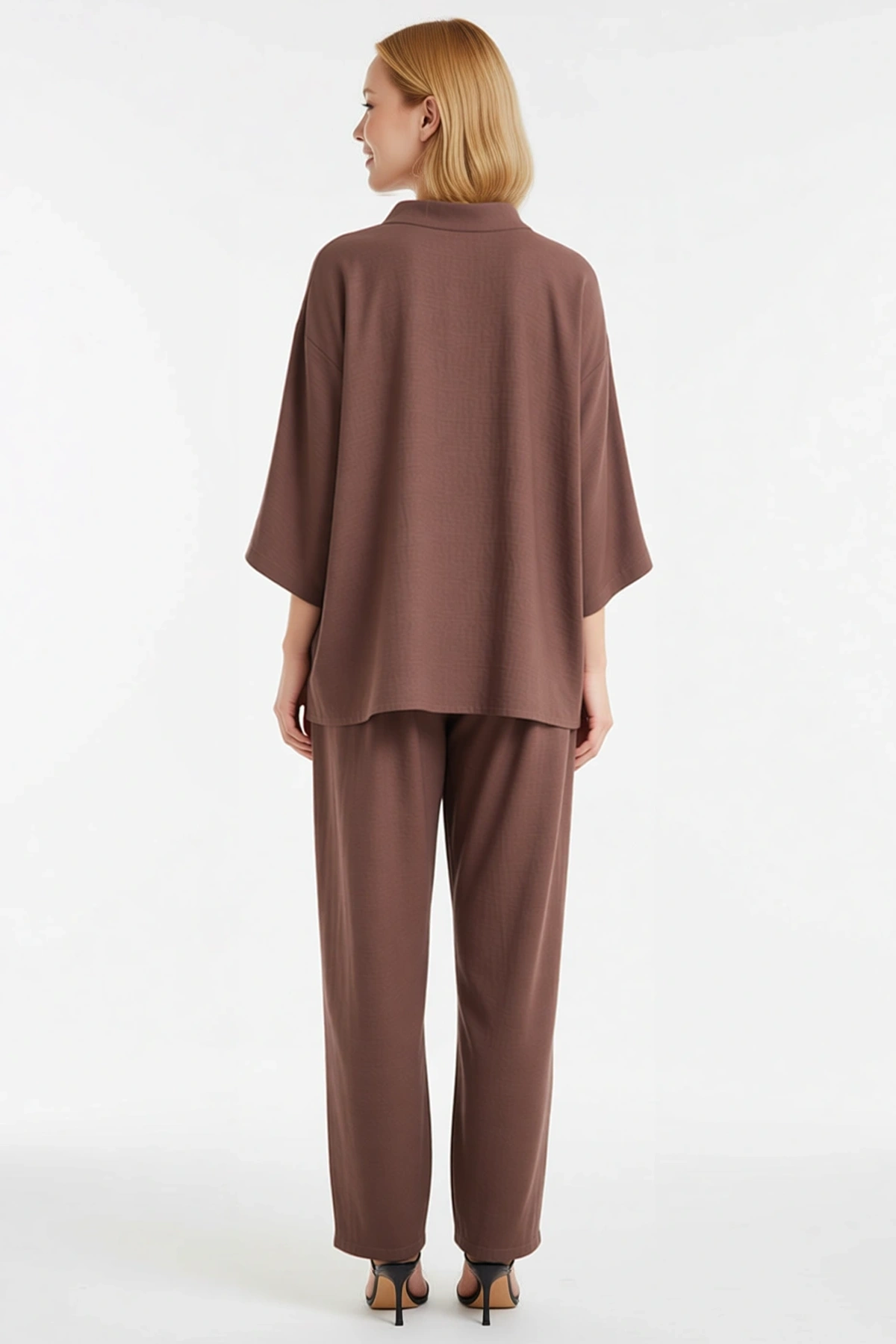 Kadın Büyük Beden V Yaka Kimono Kollu Oversize Dokuma Bluz Pantolon Takımı Rahat Günlük Modern Şık