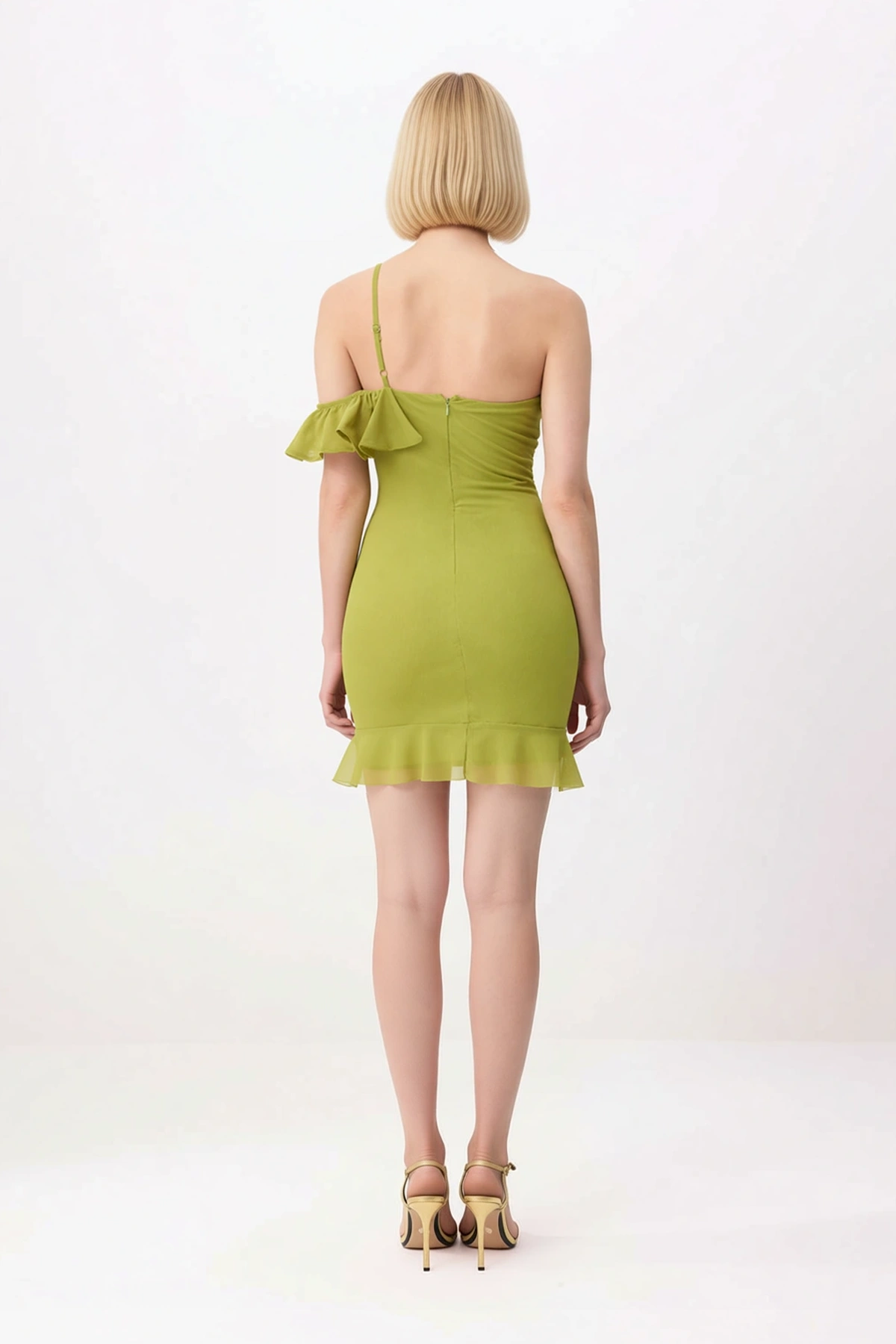 Kadın Asimetrik Yaka Volanlı Tül Mini Elbise Bodycon Kesim Astarlı Gece Kıyafeti Günlük Rahat Modern