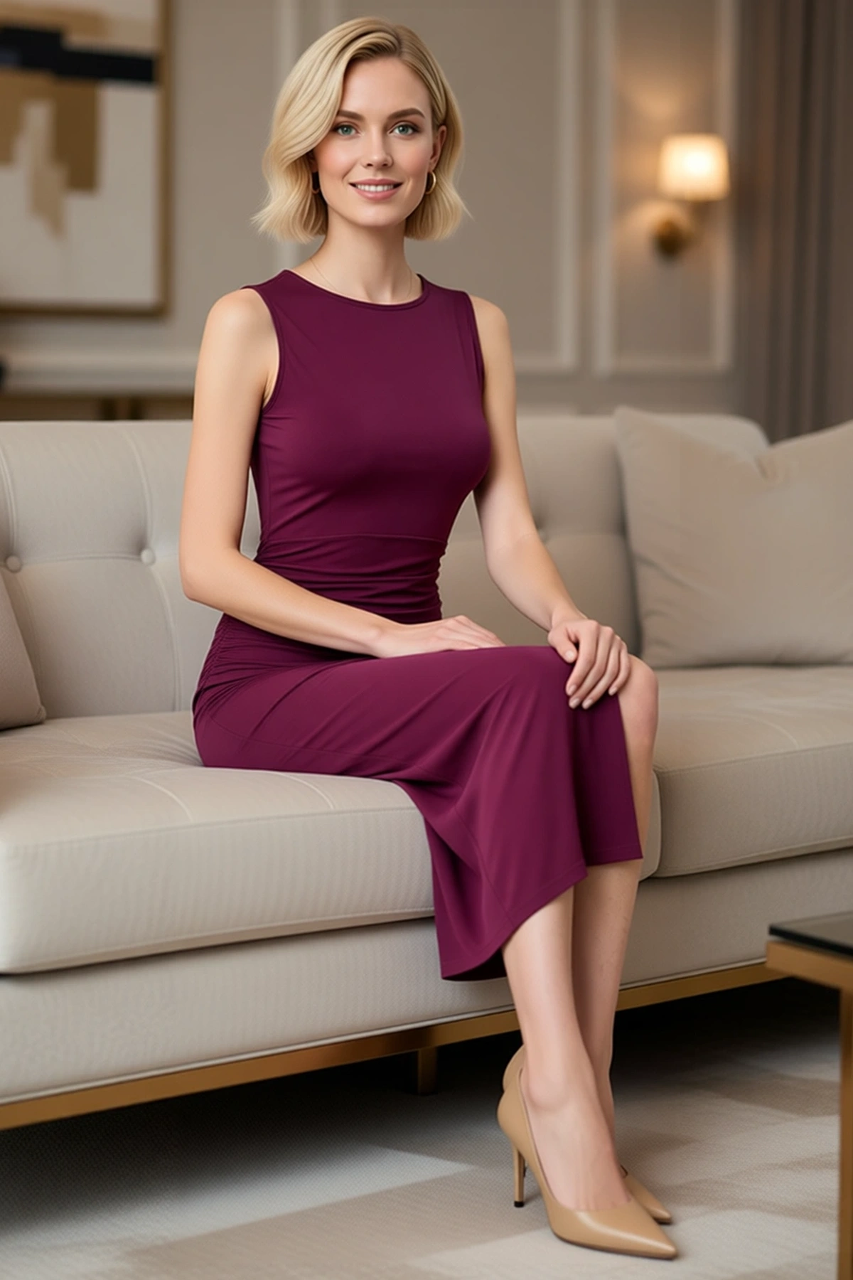 Kadın Kolsuz Balıkçı Yaka Bodycon Maxi Elbise Astarlı Micro Dokuma Yandan Yırtmaçlı Günlük Rahat