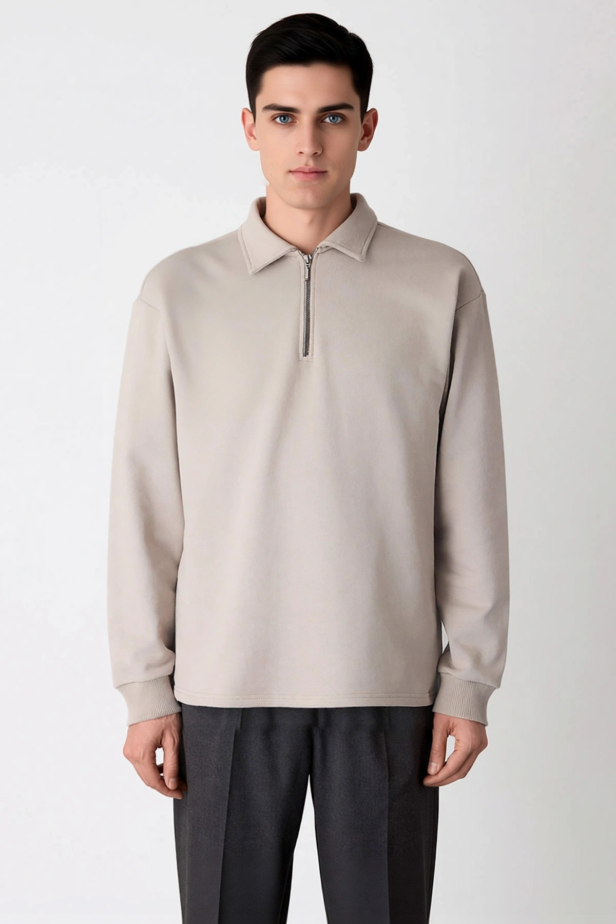 Erkek Gömlek Yaka Fermuarlı Uzun Kol Oversize Kalıp Sweatshirt Fonksiyonel Dayanıklı Rahat