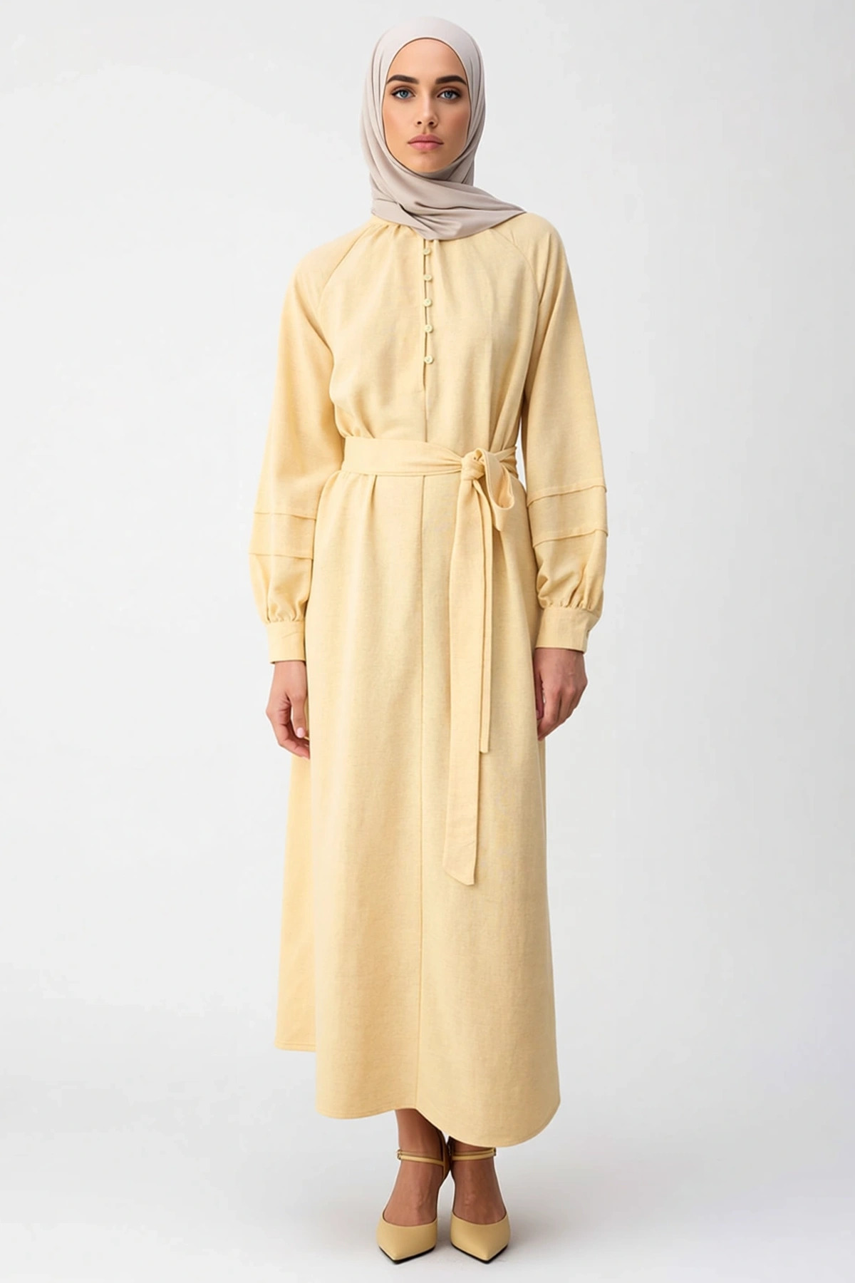 Kadın Maxi Elbise Yaka Düşük Uzun Kol Kuşaklı Astarsız Düz Dokuma Karışımlı Günlük