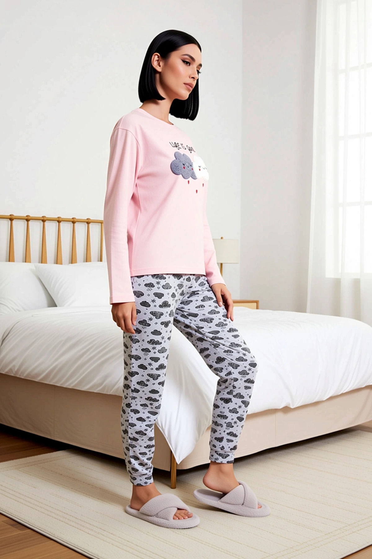 Kadın Bisiklet Yaka Standart Kol Uzun Kollu Pijama Takımı Kaliteli