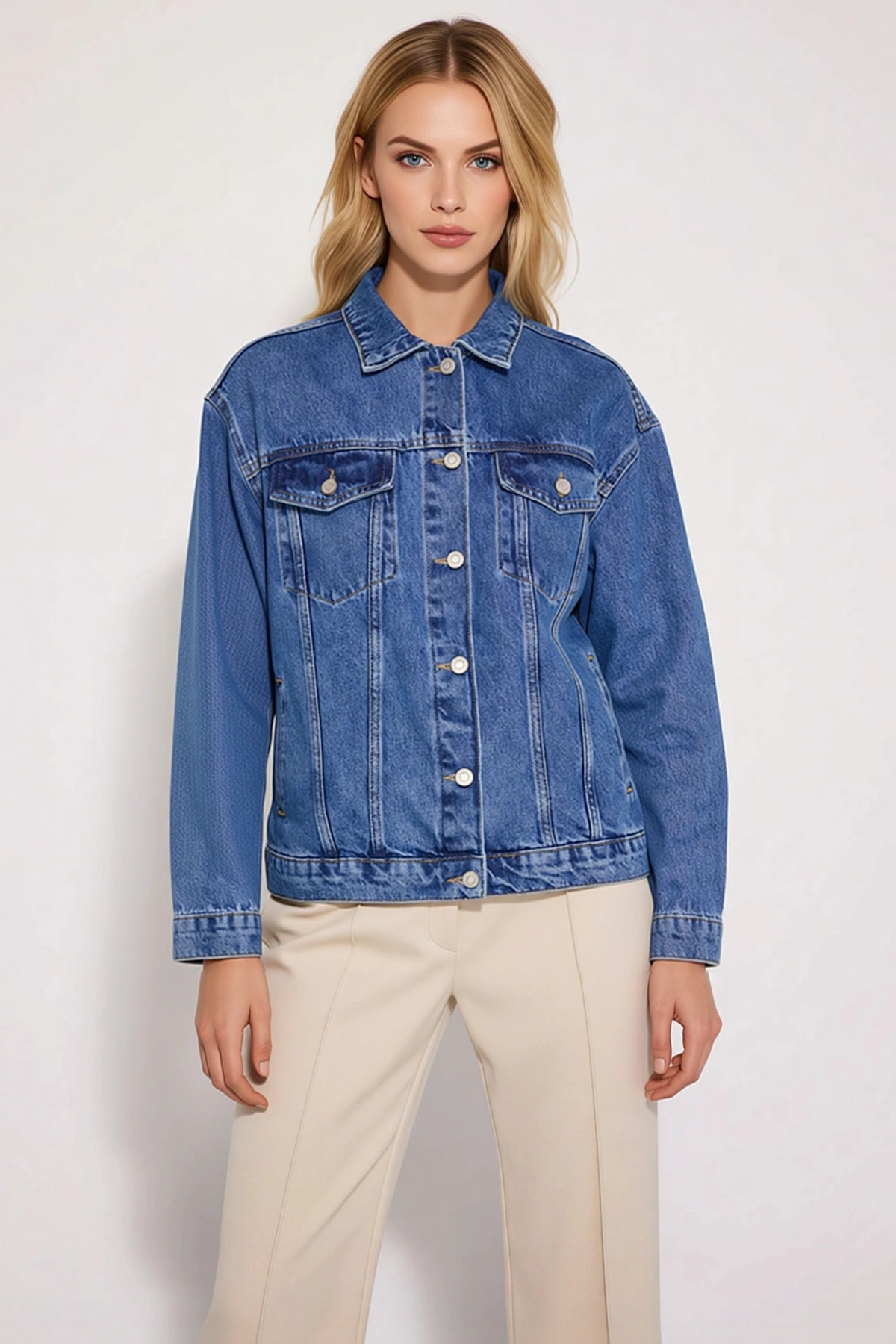 Kadın %100 Pamuk Oversize Gömlek Yaka Düşük Kol Denim Ceket Fonksiyonel Dayanıklı Kaliteli
