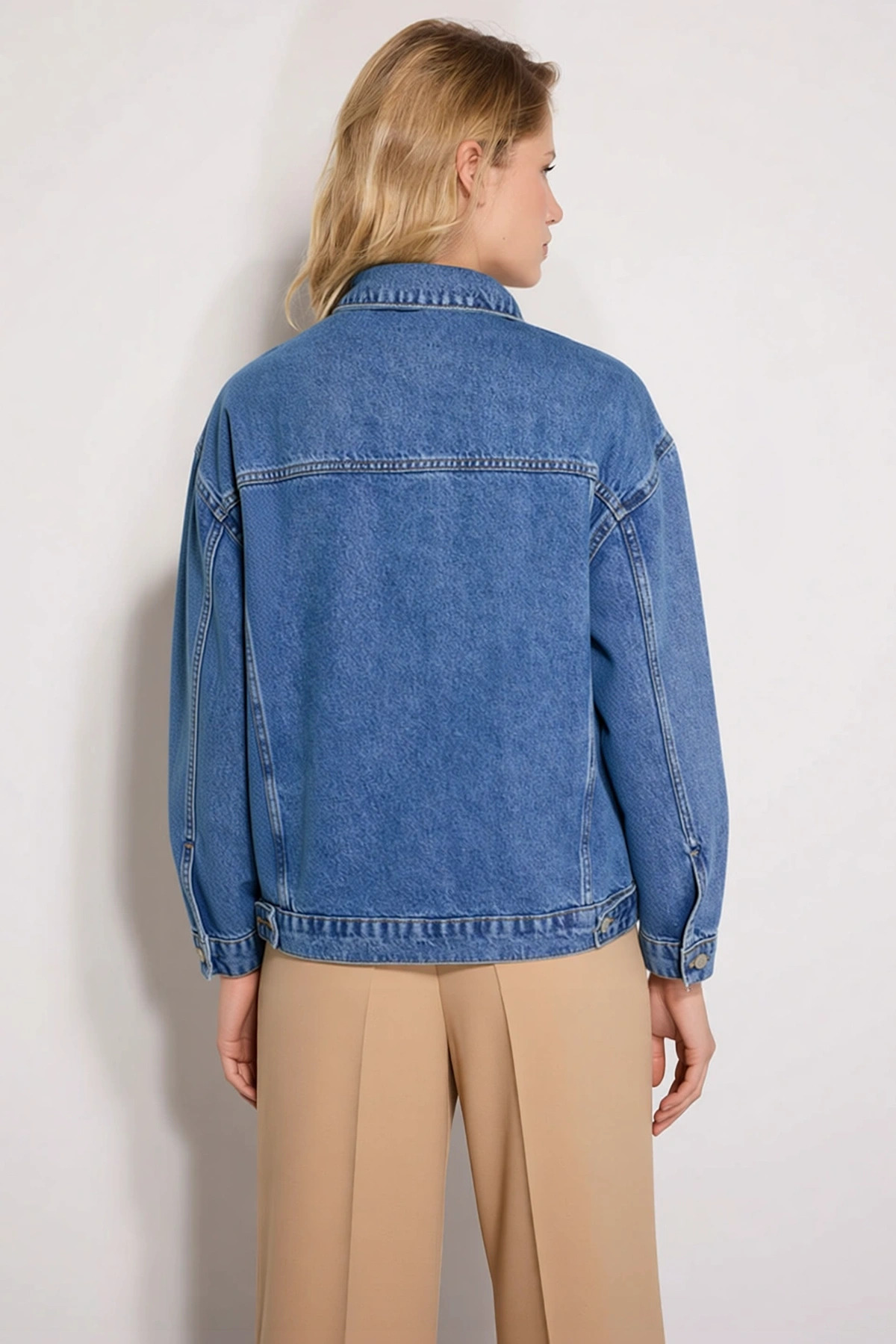 Kadın %100 Pamuk Oversize Gömlek Yaka Düşük Kol Denim Ceket Fonksiyonel Dayanıklı Kaliteli