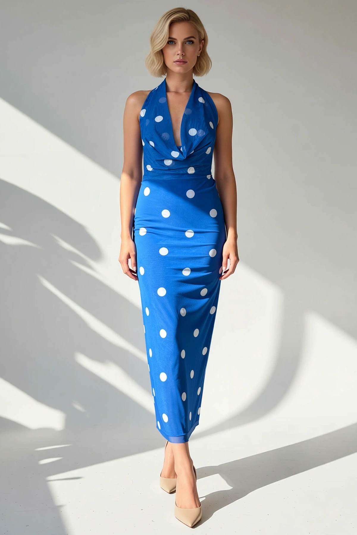 Kadın Degaje Yaka Kolsuz Puantiyeli Bodycon Kalıp Midi Elbise Fonksiyonel Şık