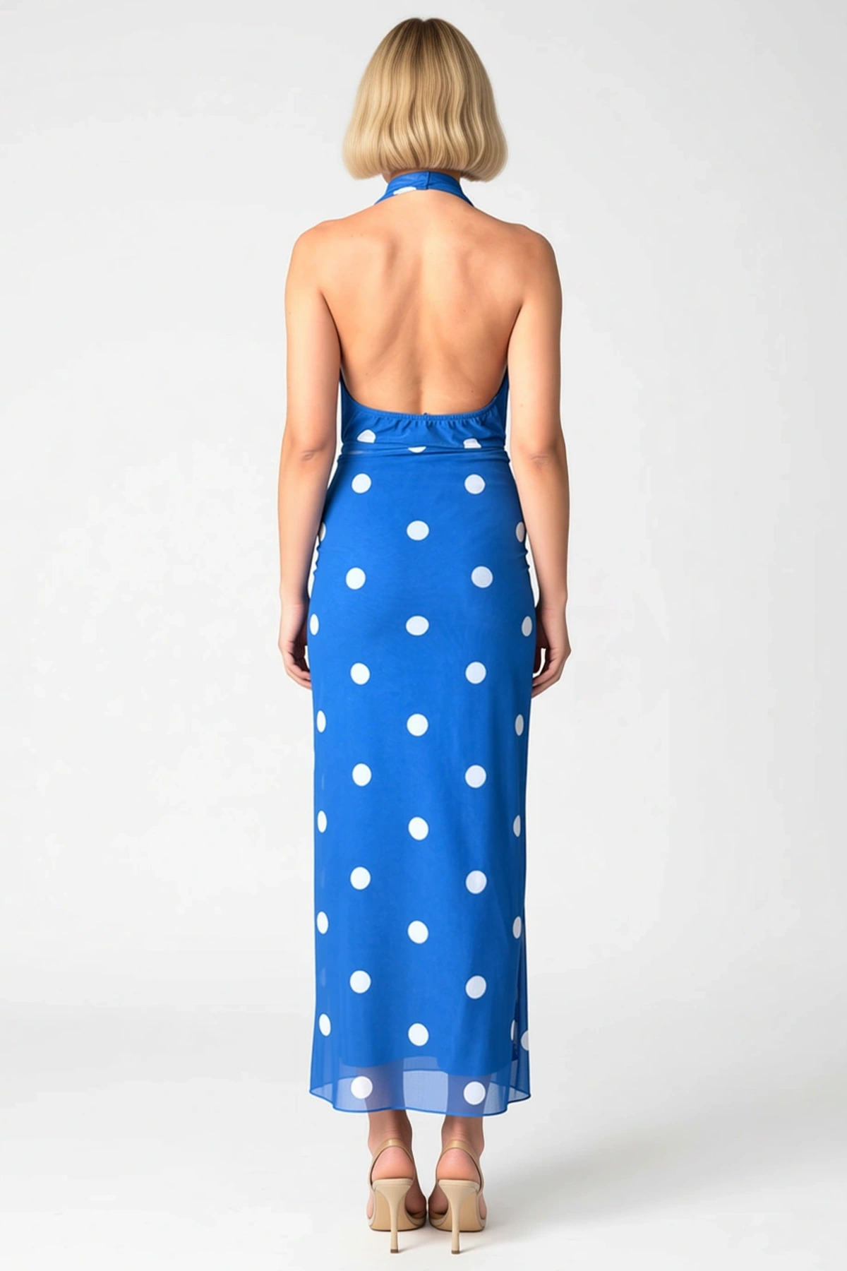 Kadın Degaje Yaka Kolsuz Puantiyeli Bodycon Kalıp Midi Elbise Fonksiyonel Şık