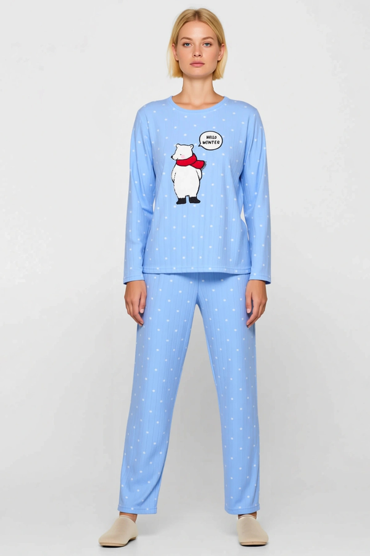 Kadın Bisiklet Yaka Standart Kol Regular Kalıp Polar Örme Puantiye Desenli Pijama Takımı Şık