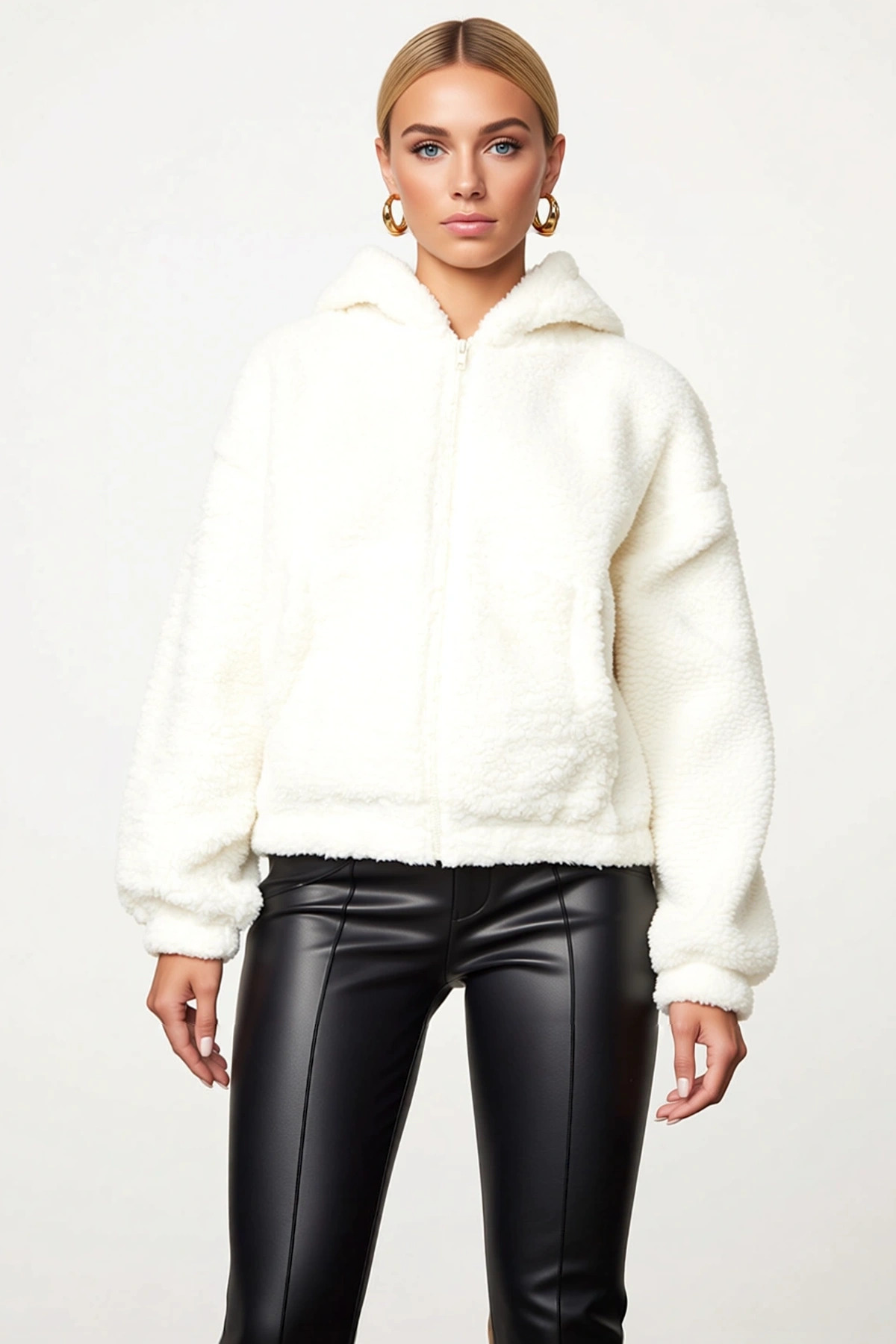 Kadın Kapüşonlu Düşük Kol Fermuarlı Peluş Kalın Örme Sweatshirt Fonksiyonel Dayanıklı Spor