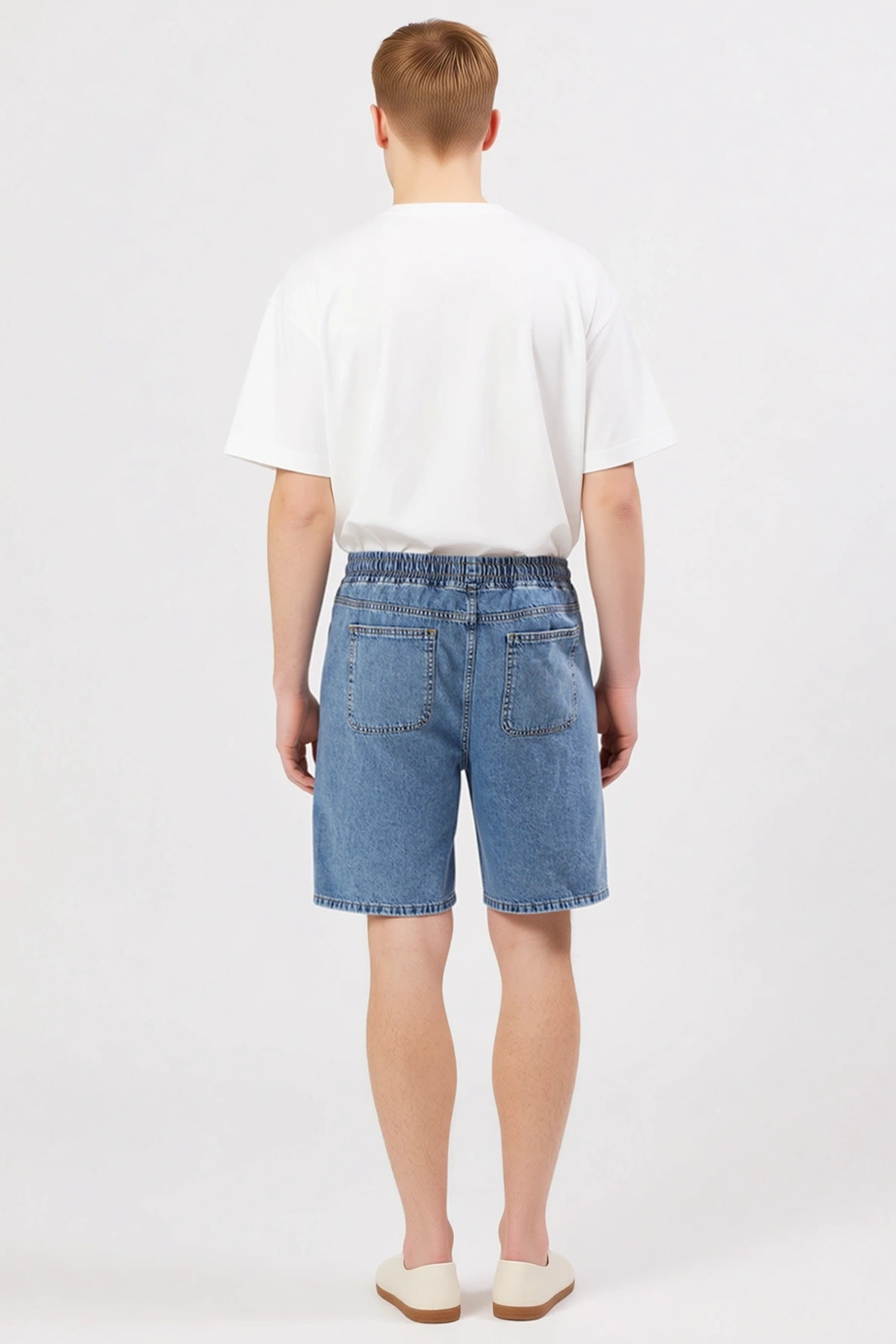 Erkek Şort Regular Fit Kot Lastikli Bel Düz Paça Diz Üstü Rahat Kalıp Yazlık Denim Şık