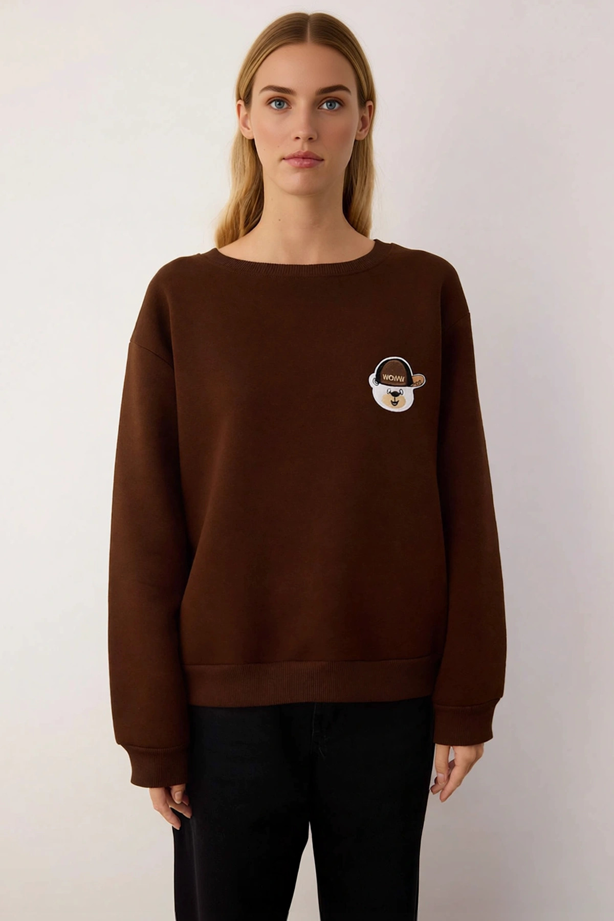 Kadın Bisiklet Yaka Düşük Kol Nakışlı Normal Kesim Örme Sweatshirt Fonksiyonel Dayanıklı Şık